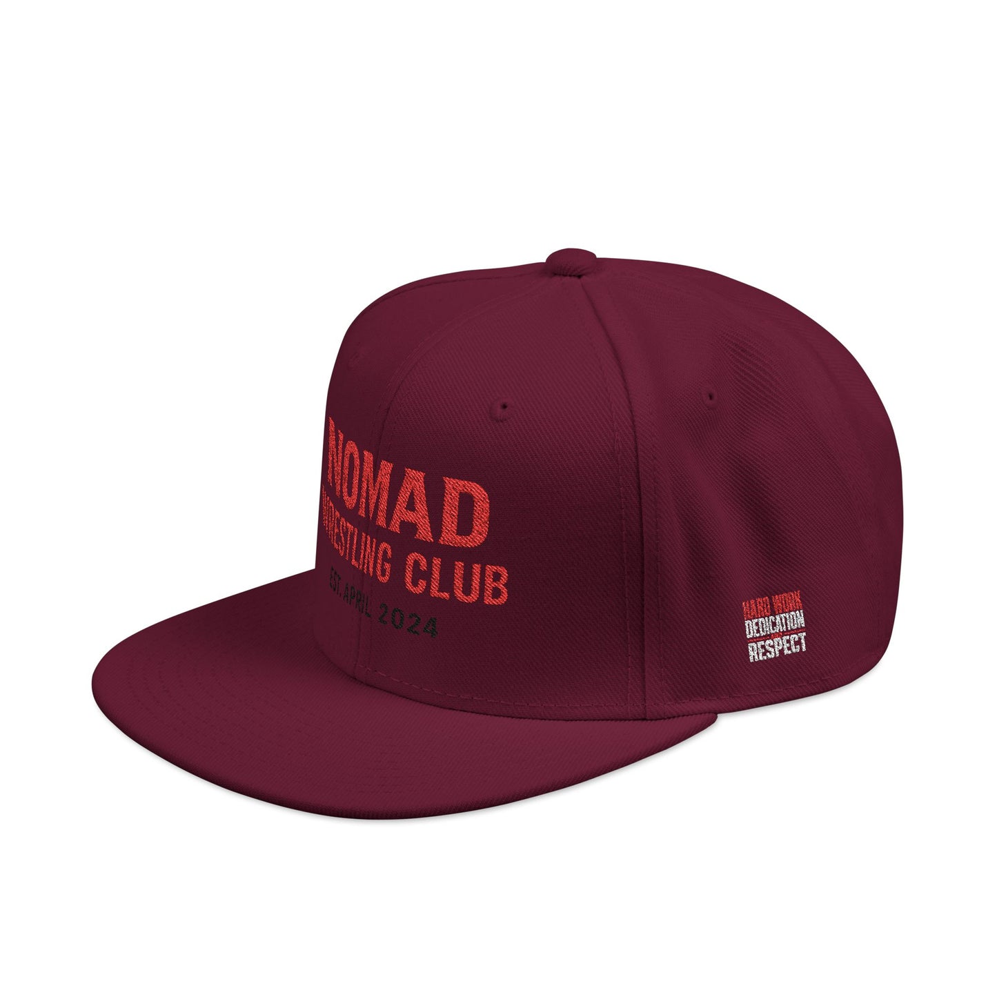 Embroidery Snapback Hat — "Nomad Coffee Club" Red Stitched Logo with Flag Accent