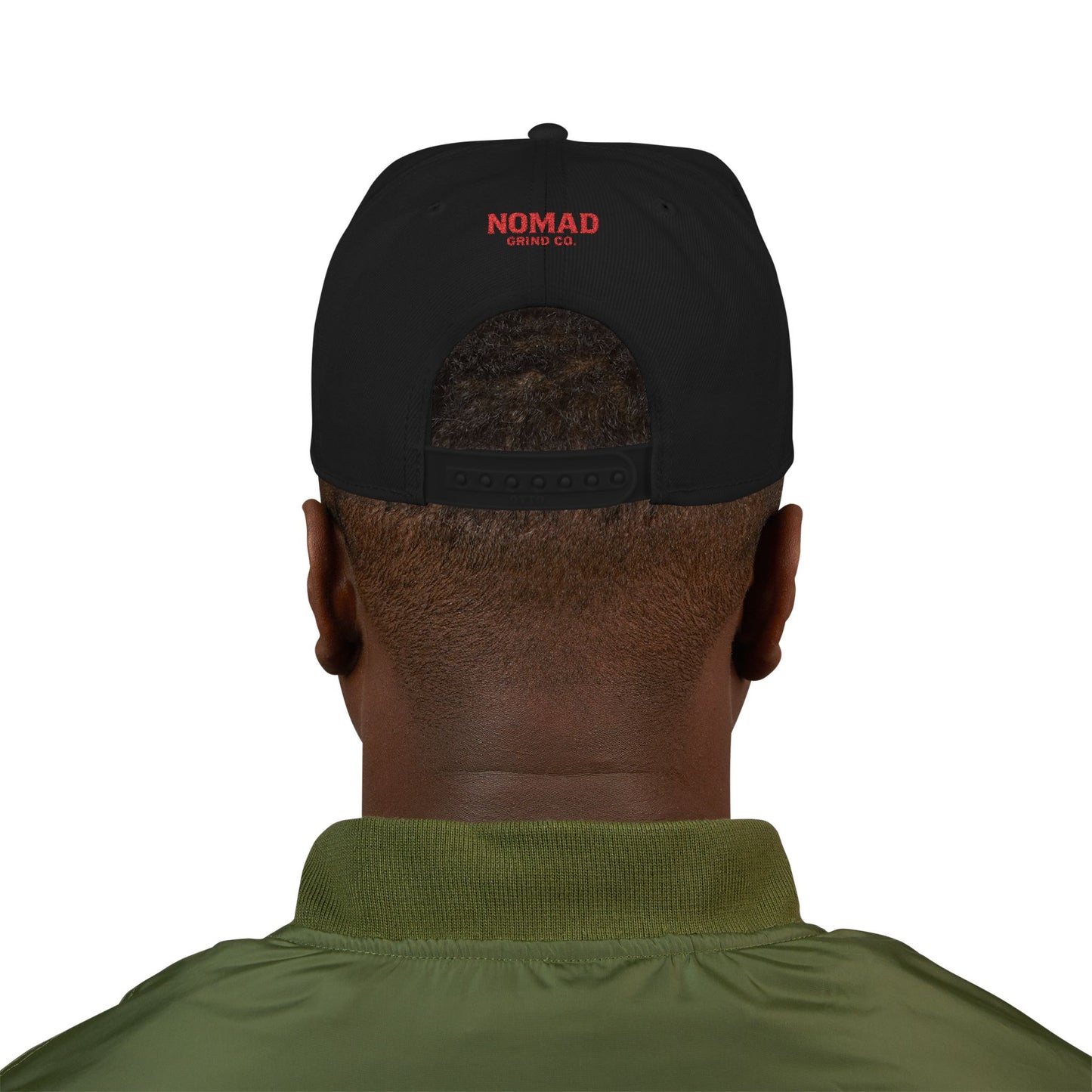 Embroidery Snapback Hat — "Nomad Coffee Club" Red Stitched Logo with Flag Accent