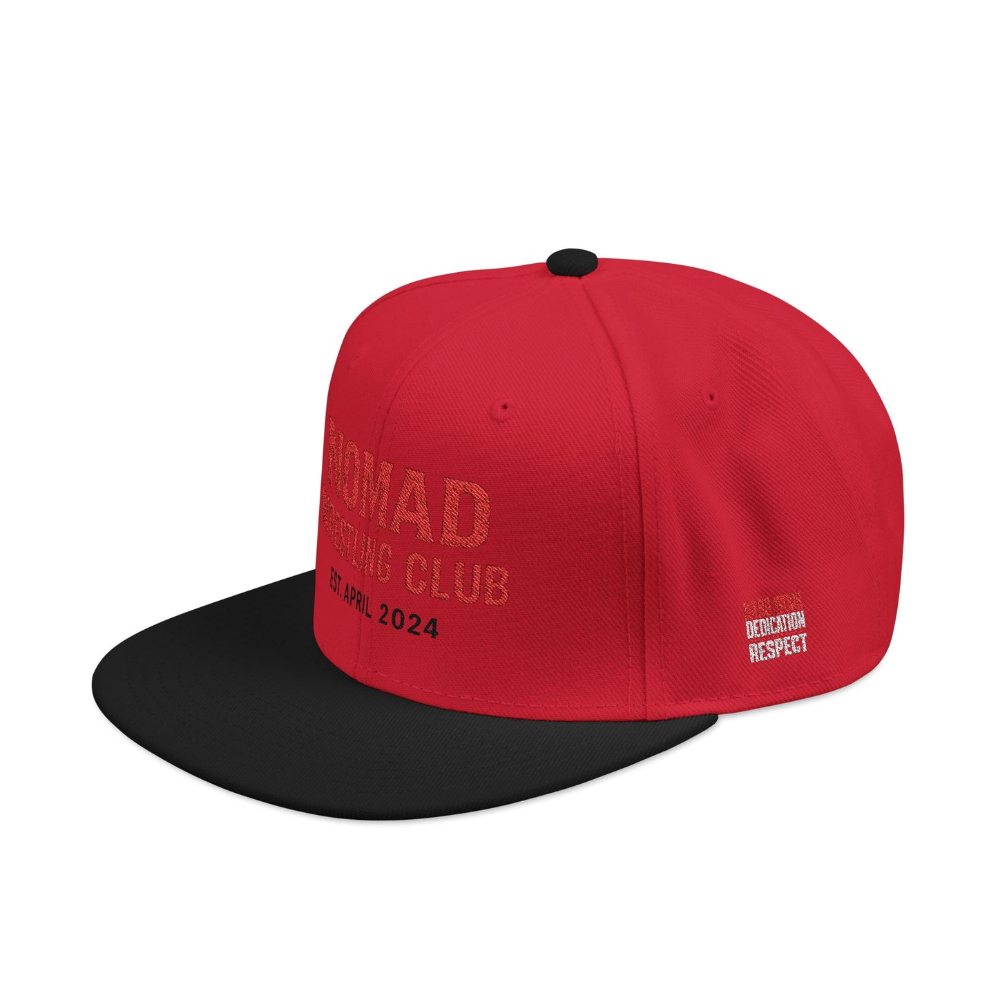 Embroidery Snapback Hat — "Nomad Coffee Club" Red Stitched Logo with Flag Accent