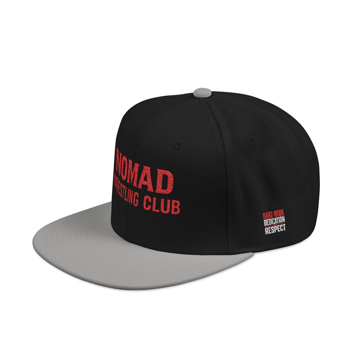 Embroidery Snapback Hat — "Nomad Coffee Club" Red Stitched Logo with Flag Accent