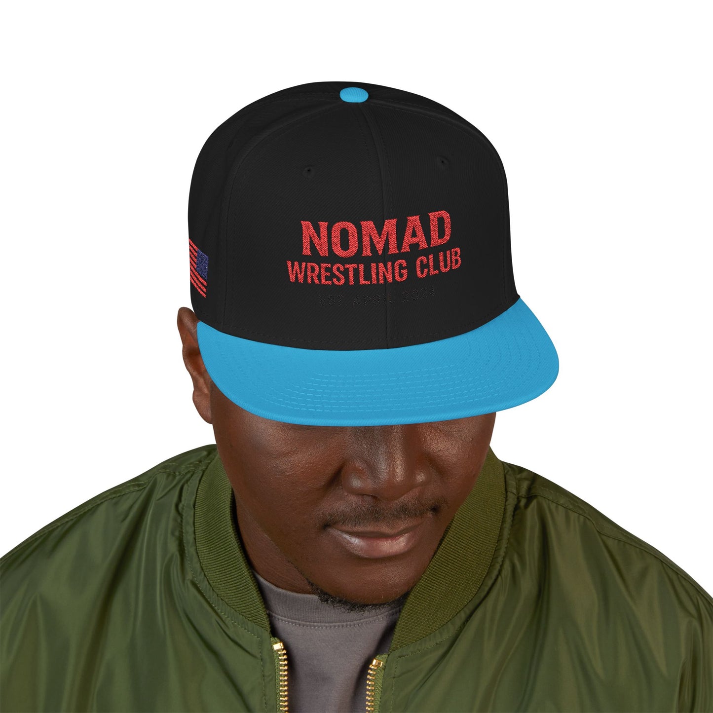 Embroidery Snapback Hat — "Nomad Coffee Club" Red Stitched Logo with Flag Accent