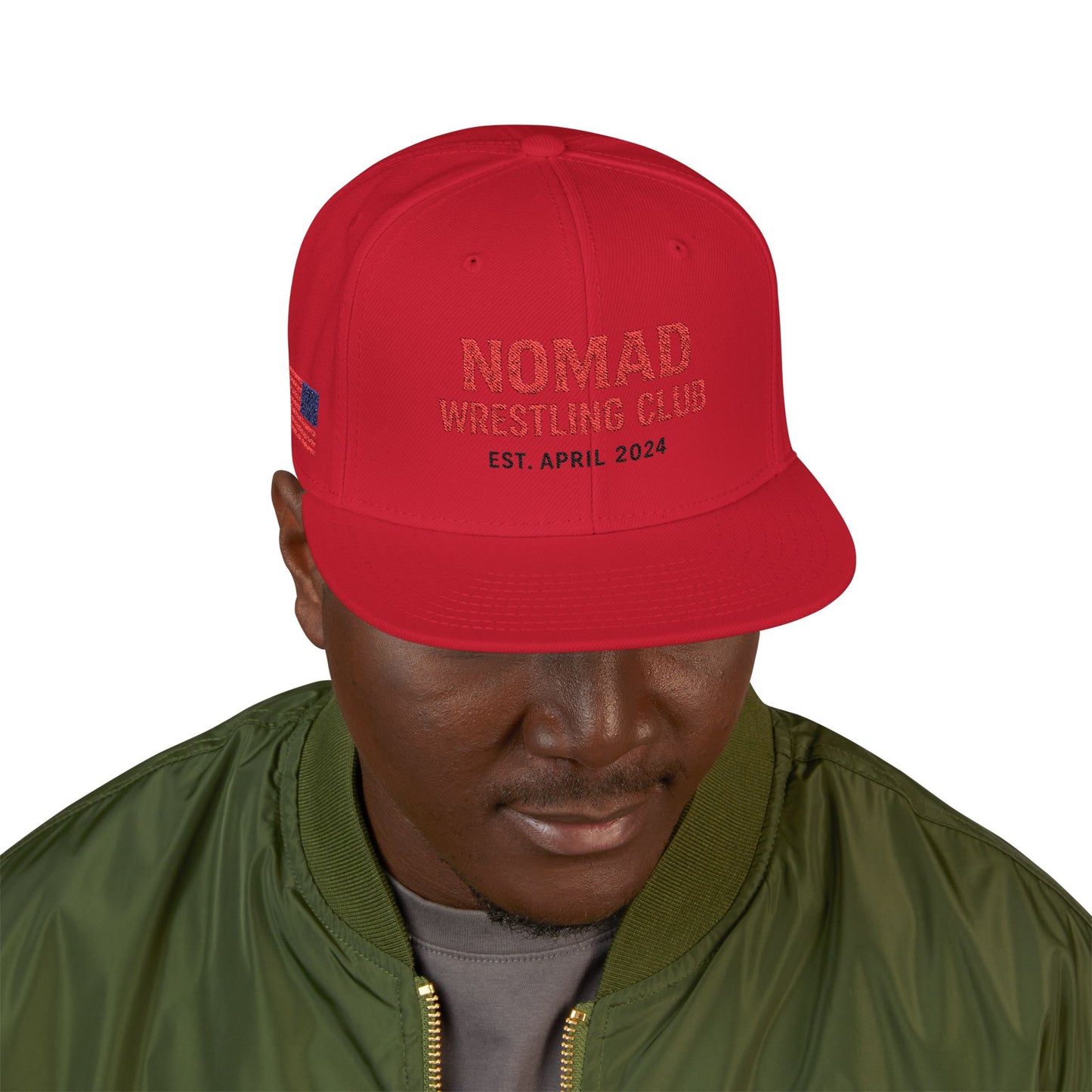 Embroidery Snapback Hat — "Nomad Coffee Club" Red Stitched Logo with Flag Accent