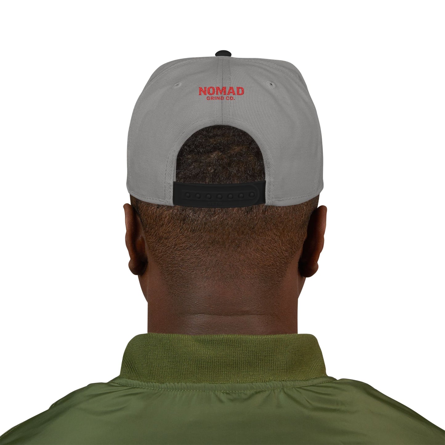 Embroidery Snapback Hat — "Nomad Coffee Club" Red Stitched Logo with Flag Accent