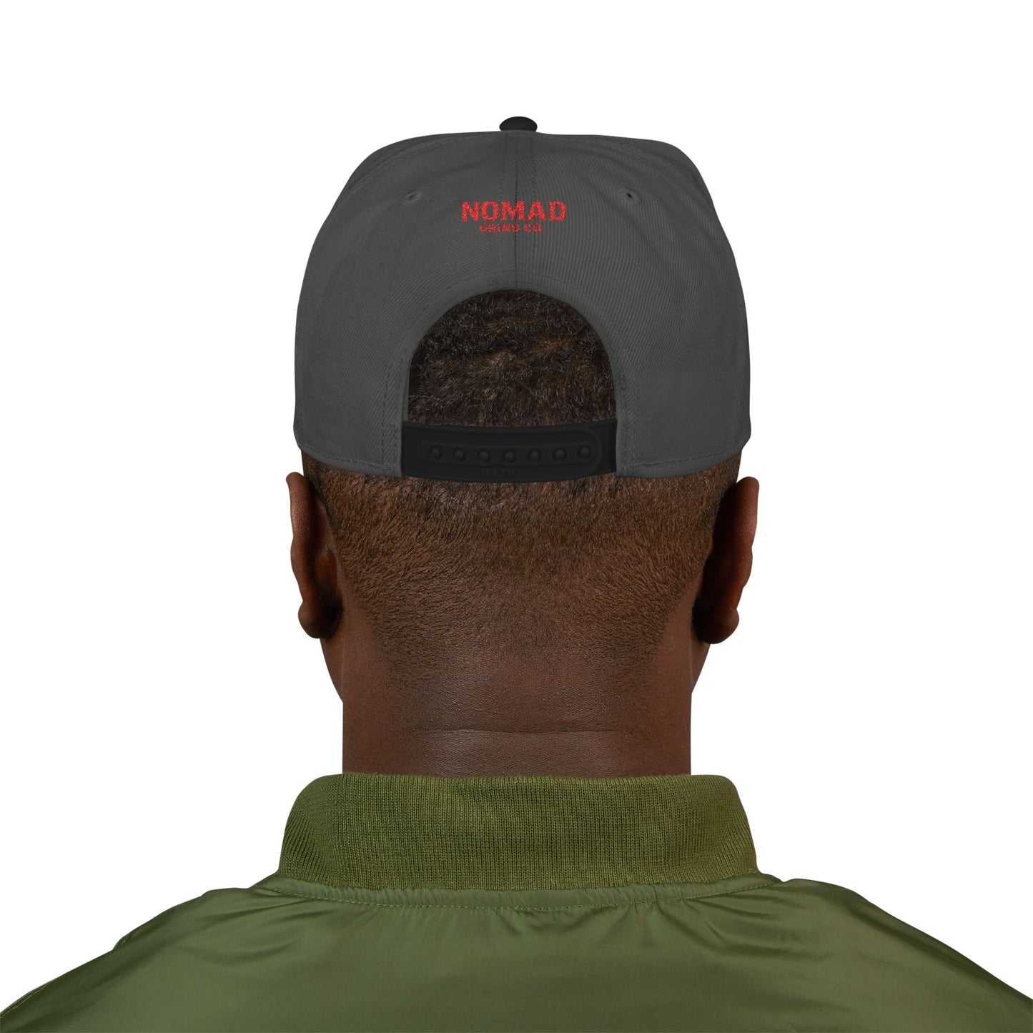 Embroidery Snapback Hat — "Nomad Coffee Club" Red Stitched Logo with Flag Accent