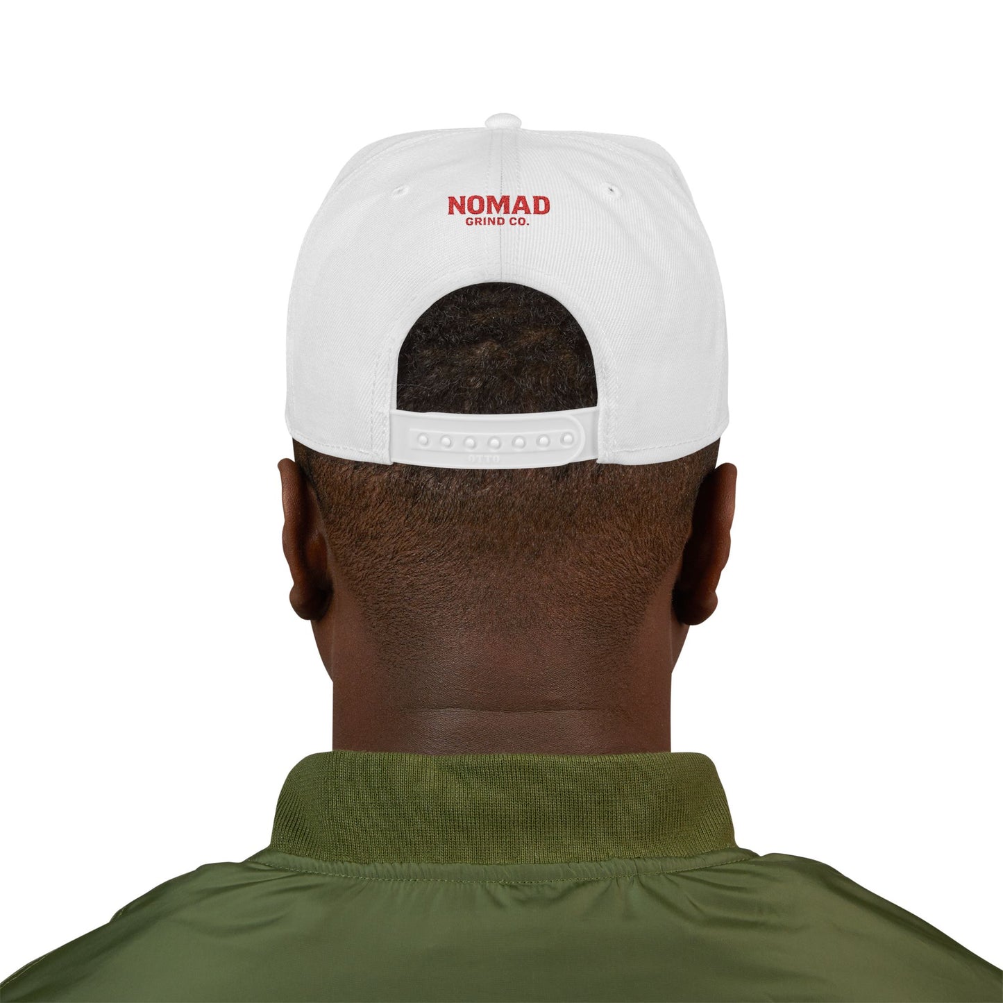 Embroidery Snapback Hat — "Nomad Coffee Club" Red Stitched Logo with Flag Accent