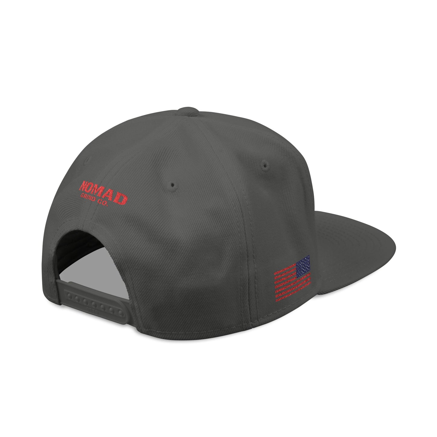 Embroidery Snapback Hat — "Nomad Coffee Club" Red Stitched Logo with Flag Accent