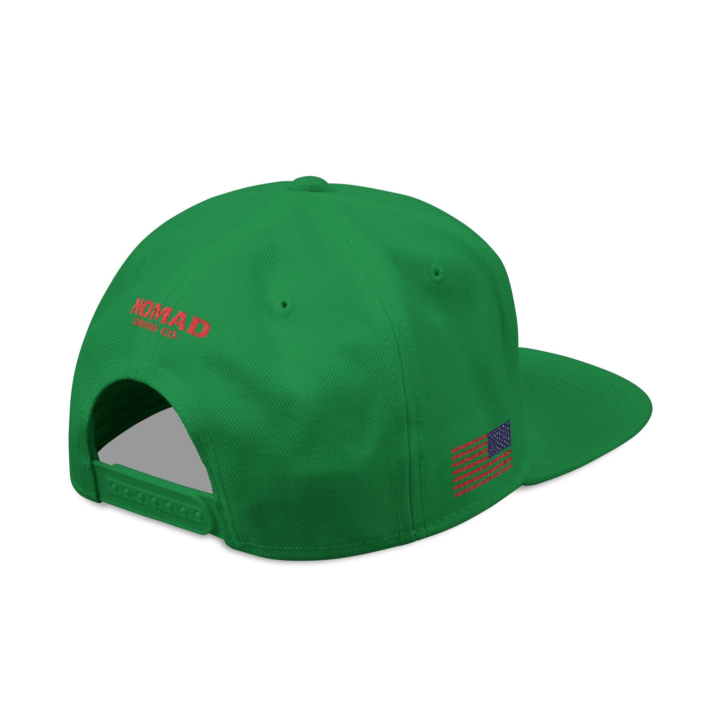 Embroidery Snapback Hat — "Nomad Coffee Club" Red Stitched Logo with Flag Accent