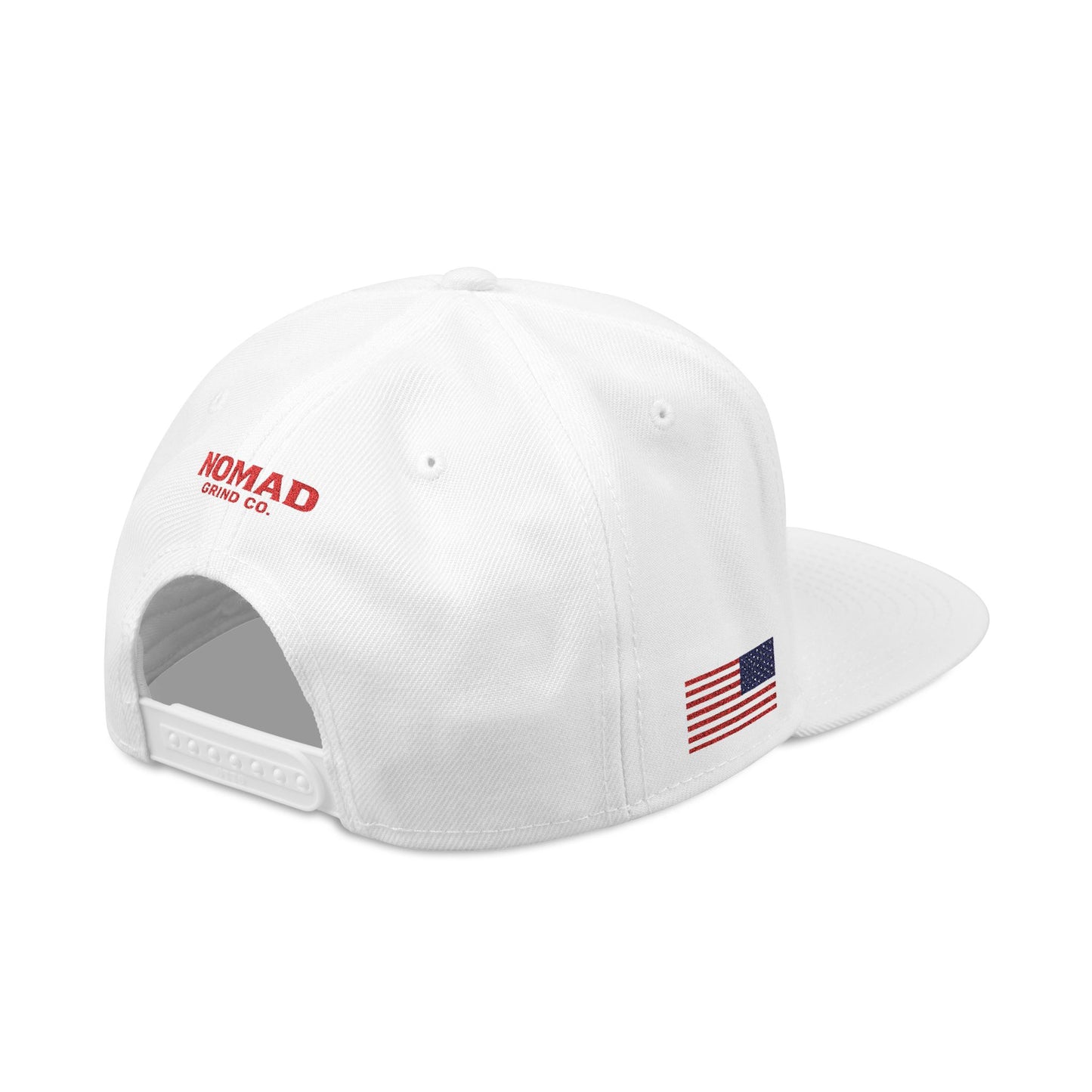 Embroidery Snapback Hat — "Nomad Coffee Club" Red Stitched Logo with Flag Accent