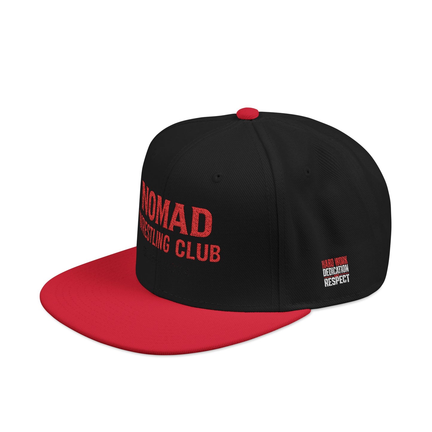 Embroidery Snapback Hat — "Nomad Coffee Club" Red Stitched Logo with Flag Accent