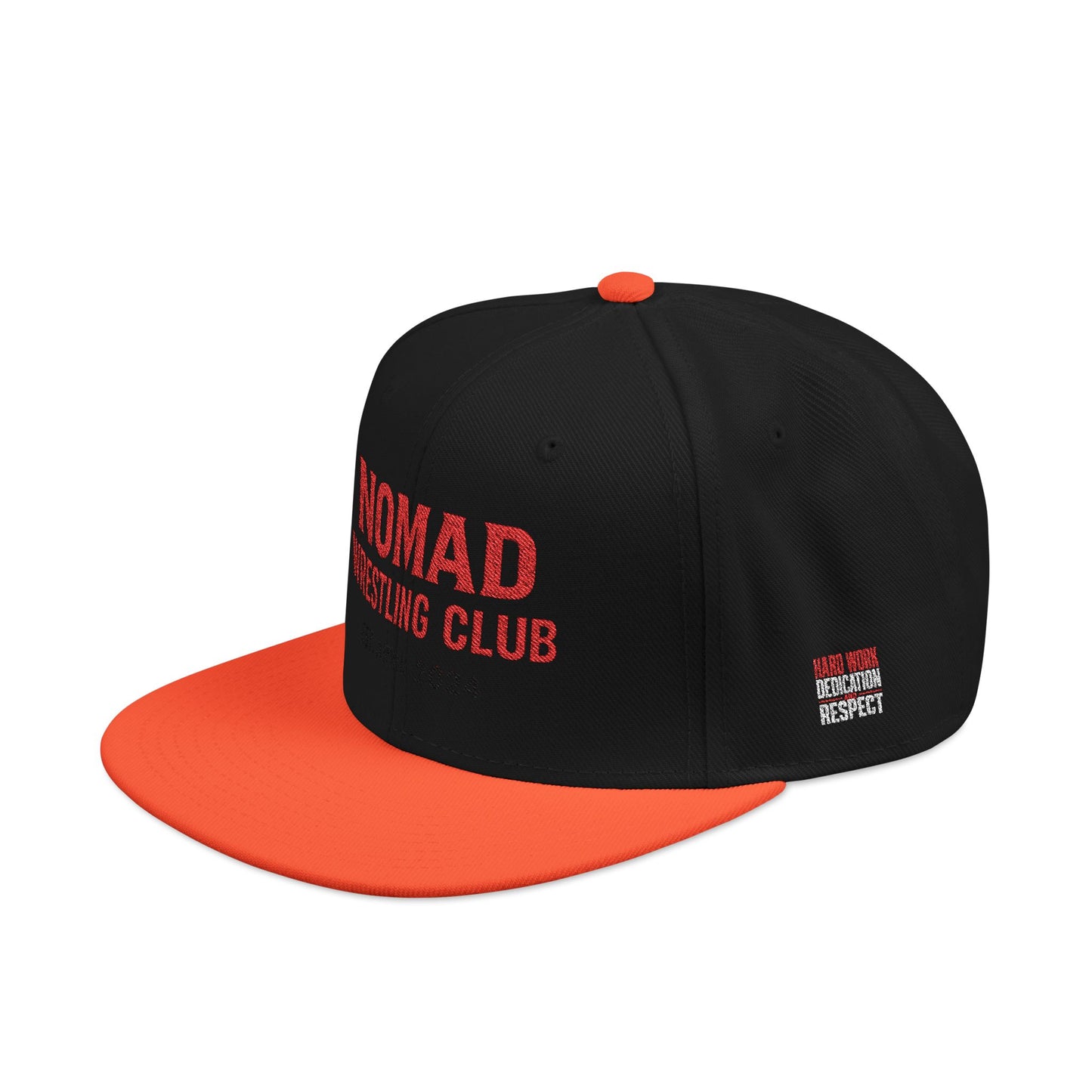 Embroidery Snapback Hat — "Nomad Coffee Club" Red Stitched Logo with Flag Accent