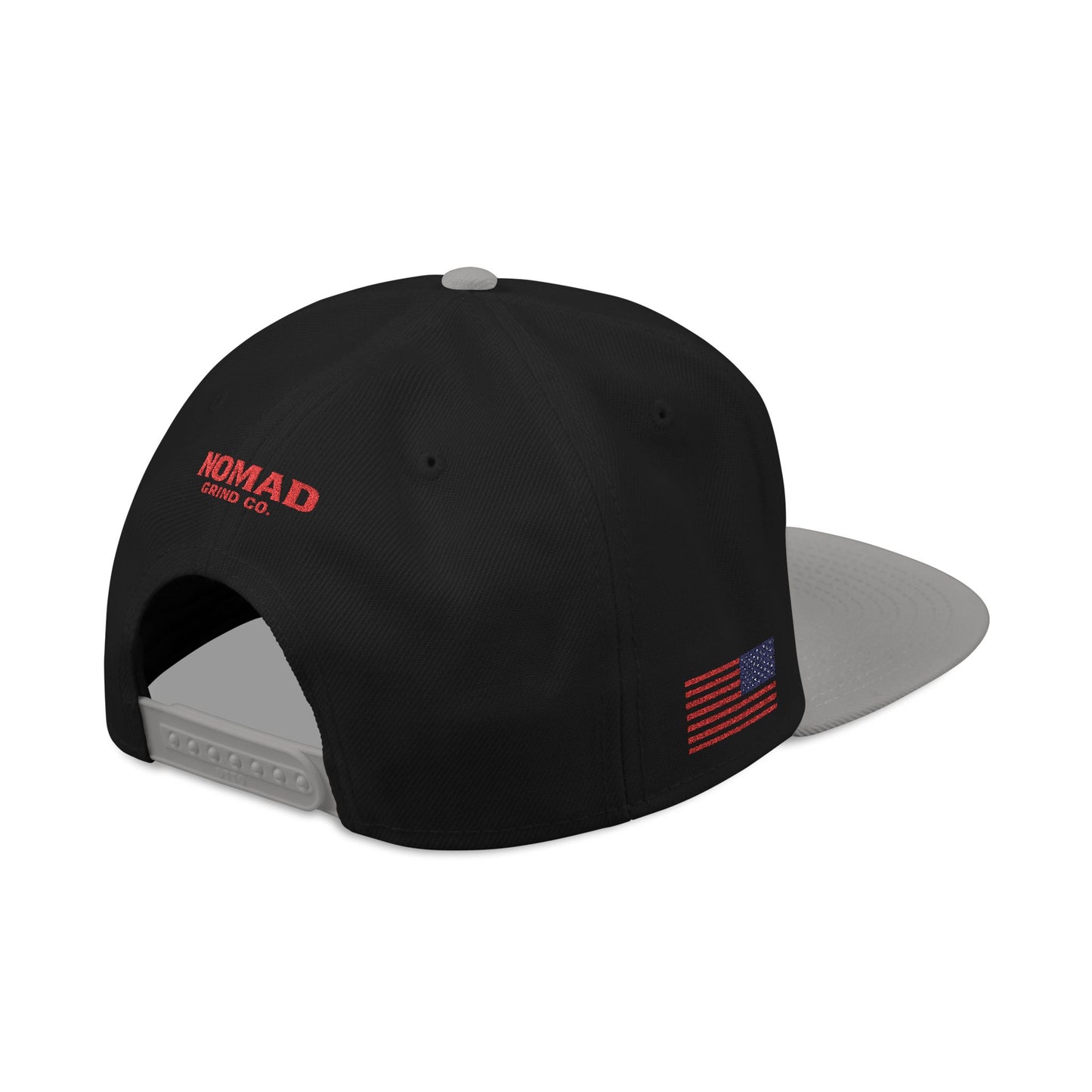 Embroidery Snapback Hat — "Nomad Coffee Club" Red Stitched Logo with Flag Accent