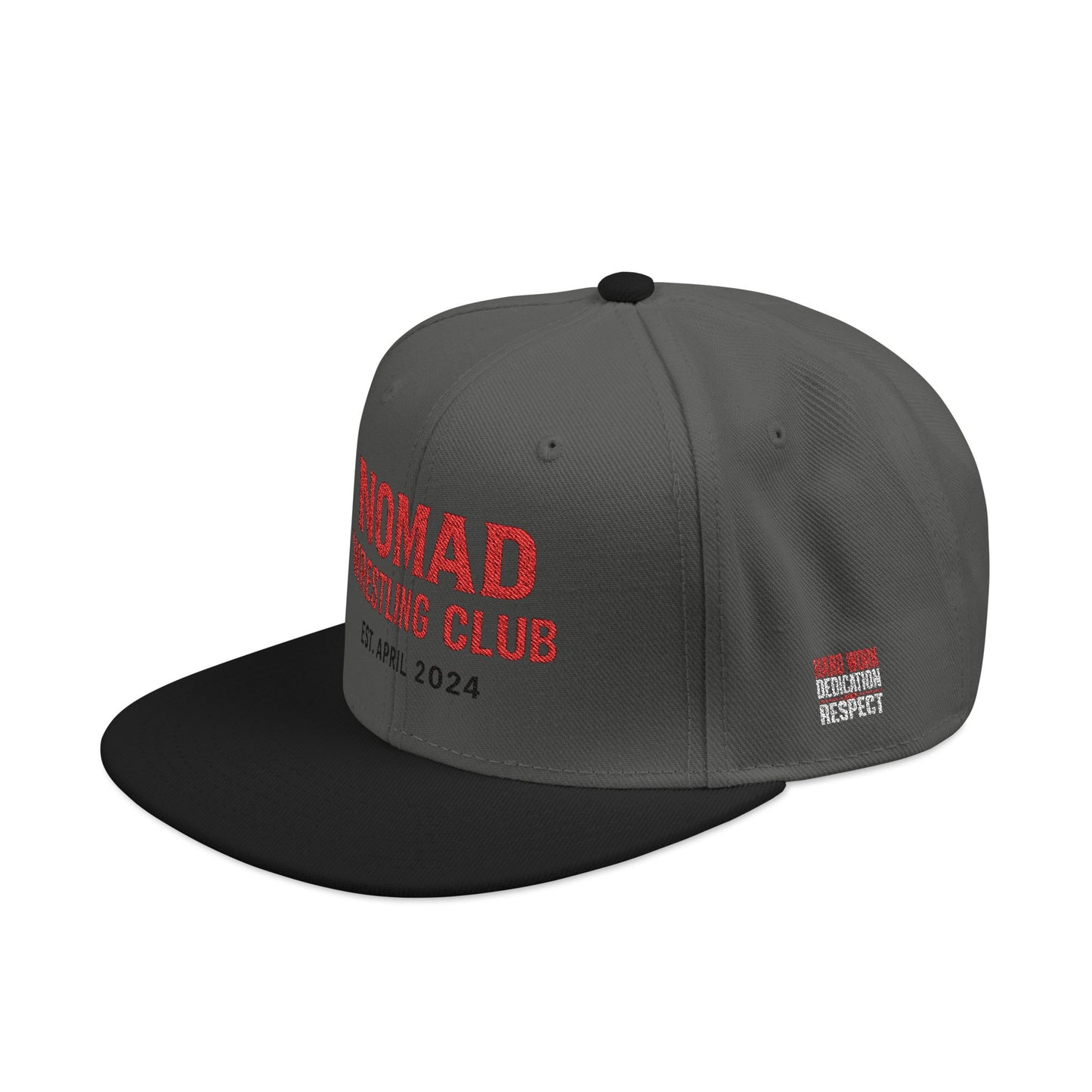 Embroidery Snapback Hat — "Nomad Coffee Club" Red Stitched Logo with Flag Accent