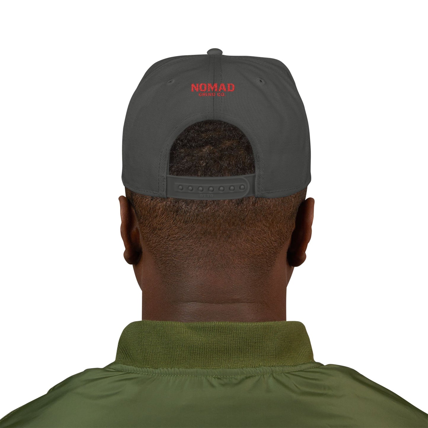 Embroidery Snapback Hat — "Nomad Coffee Club" Red Stitched Logo with Flag Accent