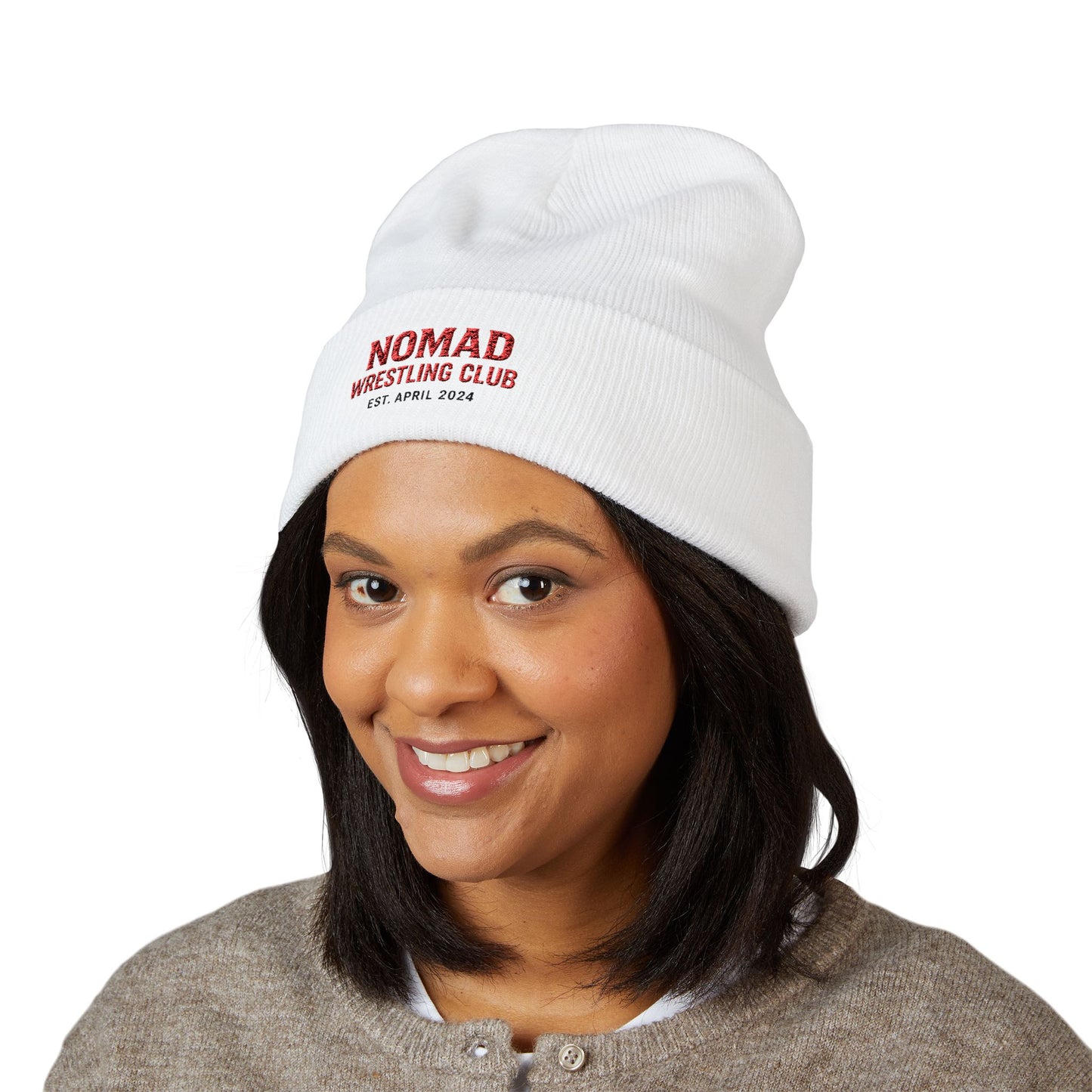 Nomad Wrestling Club Embroidered Cuffed Beanie — Classic White Knit Hat