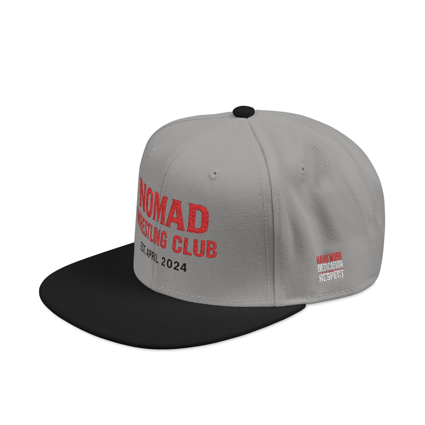 Embroidery Snapback Hat — "Nomad Coffee Club" Red Stitched Logo with Flag Accent