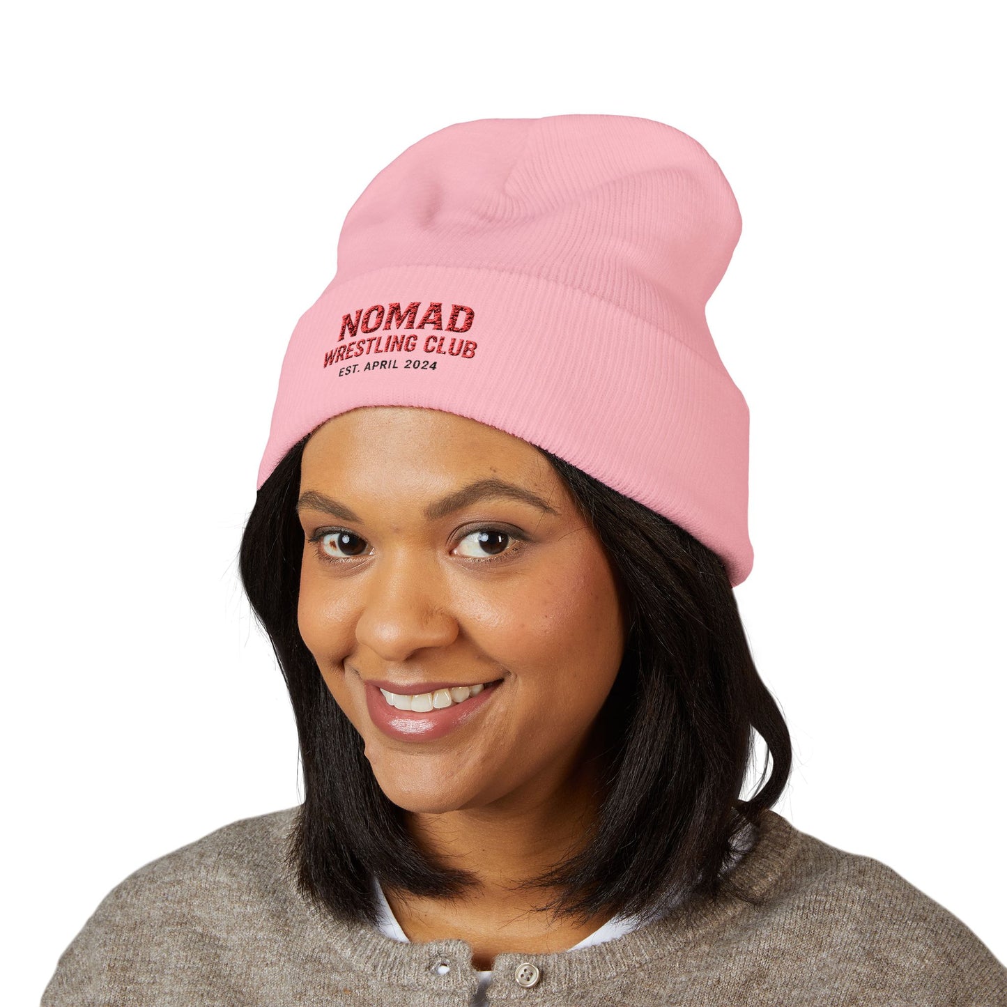 Nomad Wrestling Club Embroidered Cuffed Beanie — Classic White Knit Hat