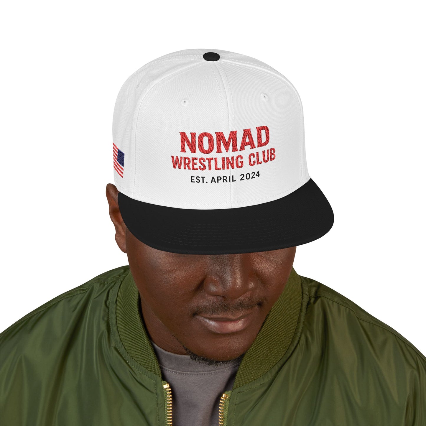 Embroidery Snapback Hat — "Nomad Coffee Club" Red Stitched Logo with Flag Accent