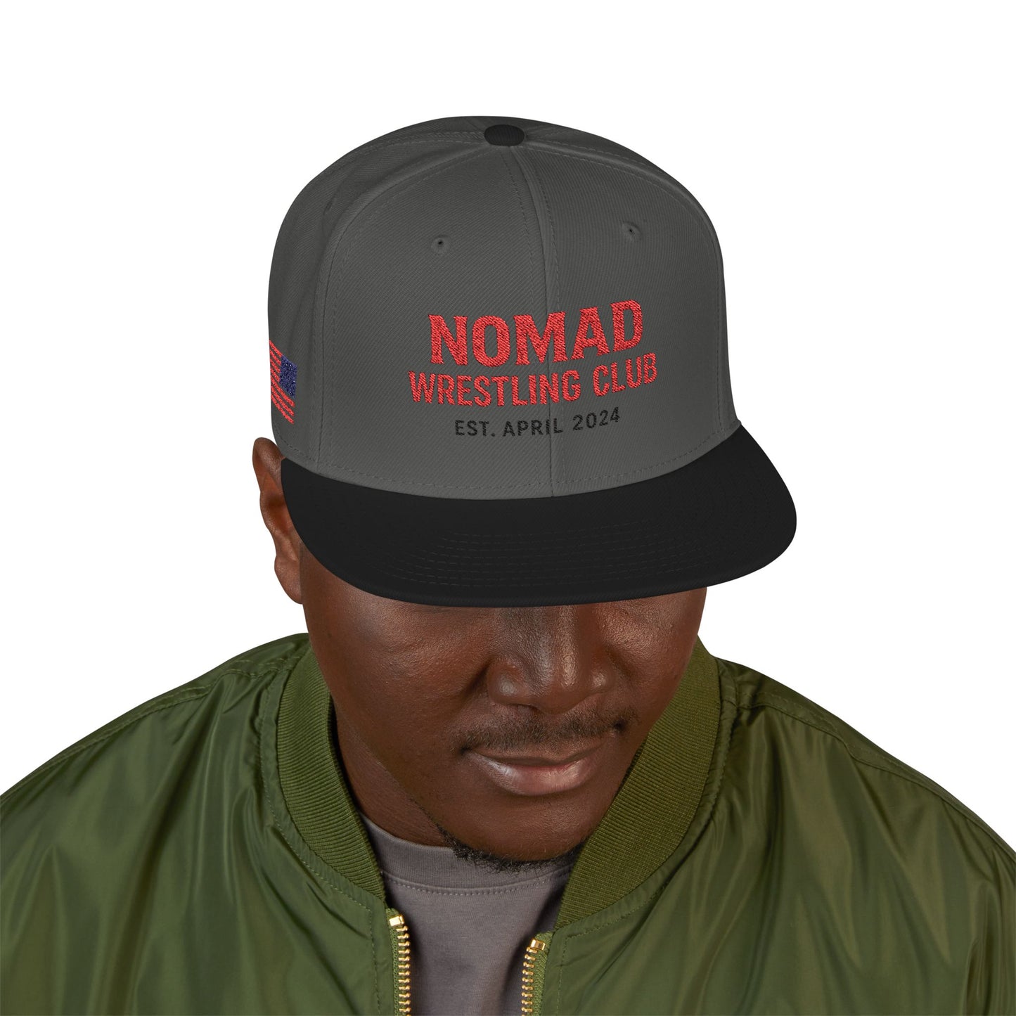 Embroidery Snapback Hat — "Nomad Coffee Club" Red Stitched Logo with Flag Accent