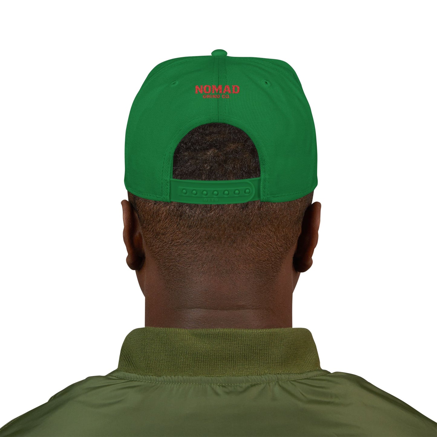 Embroidery Snapback Hat — "Nomad Coffee Club" Red Stitched Logo with Flag Accent