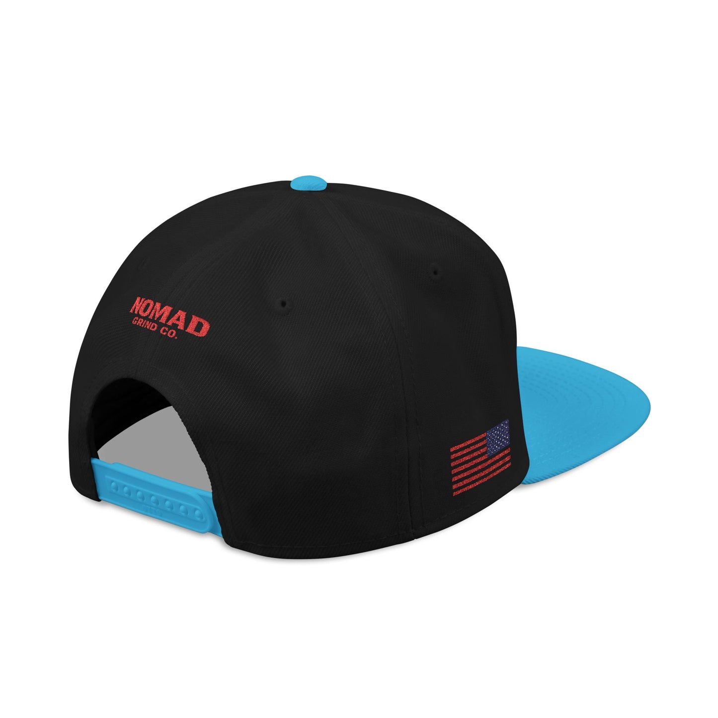 Embroidery Snapback Hat — "Nomad Coffee Club" Red Stitched Logo with Flag Accent