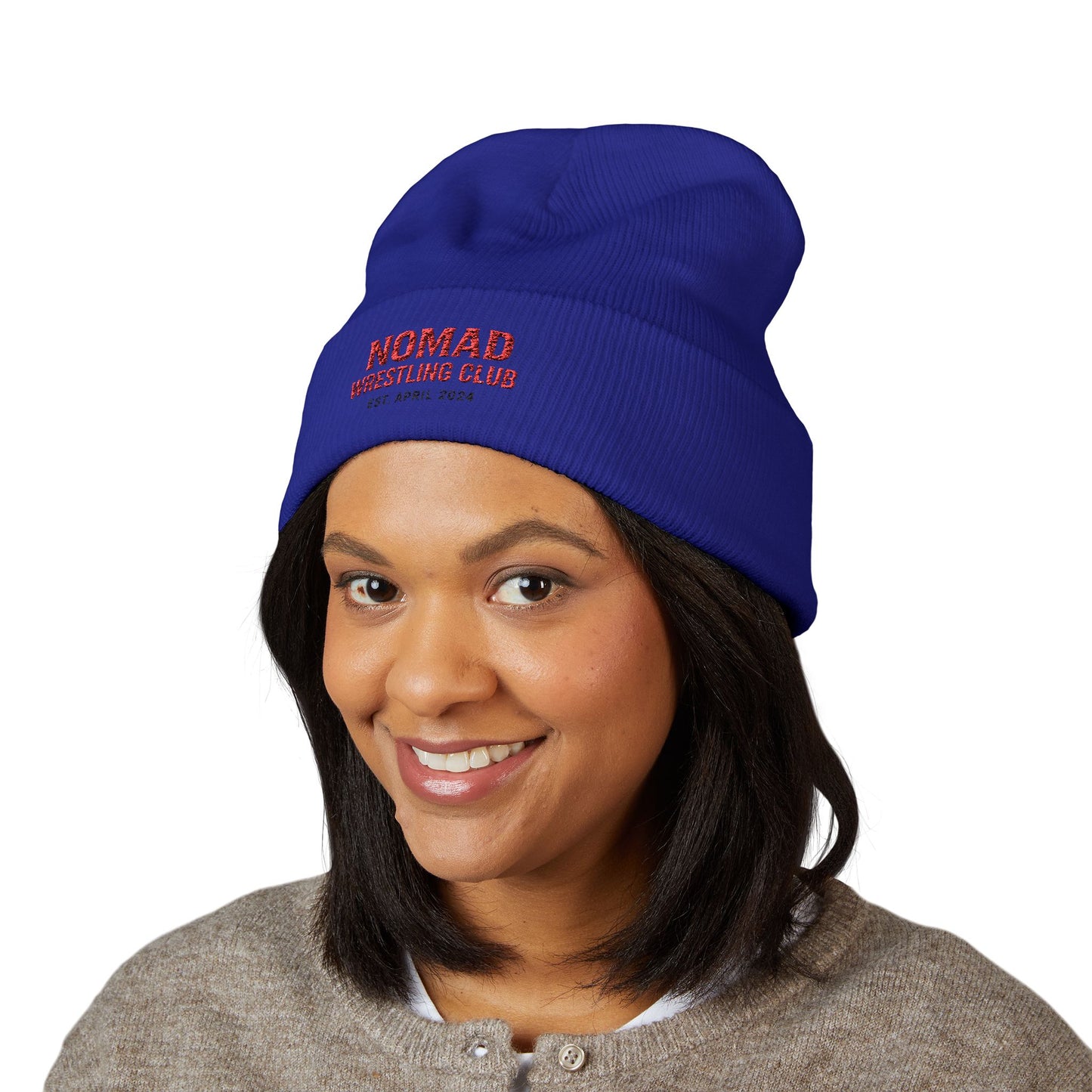 Nomad Wrestling Club Embroidered Cuffed Beanie — Classic White Knit Hat