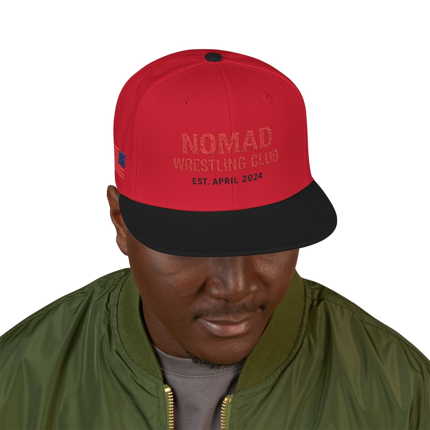 Embroidery Snapback Hat — "Nomad Coffee Club" Red Stitched Logo with Flag Accent