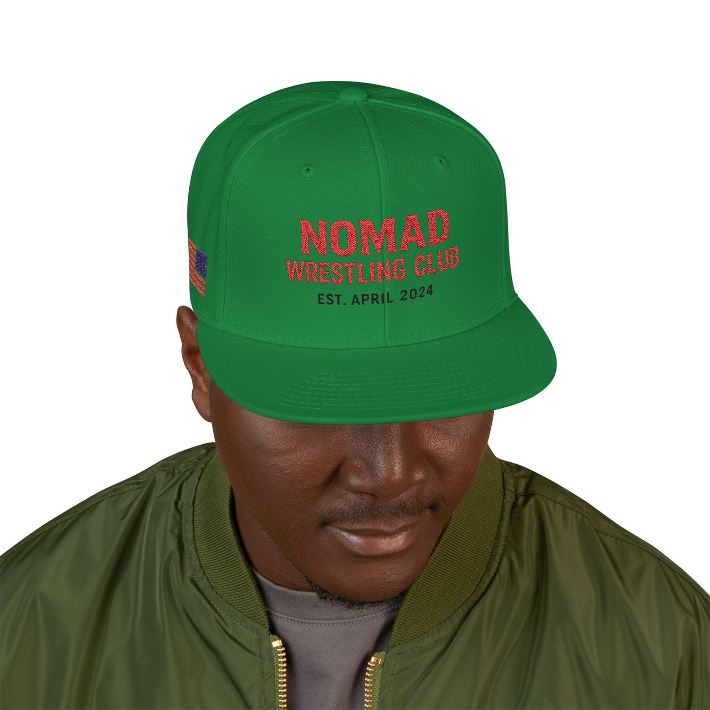 Embroidery Snapback Hat — "Nomad Coffee Club" Red Stitched Logo with Flag Accent