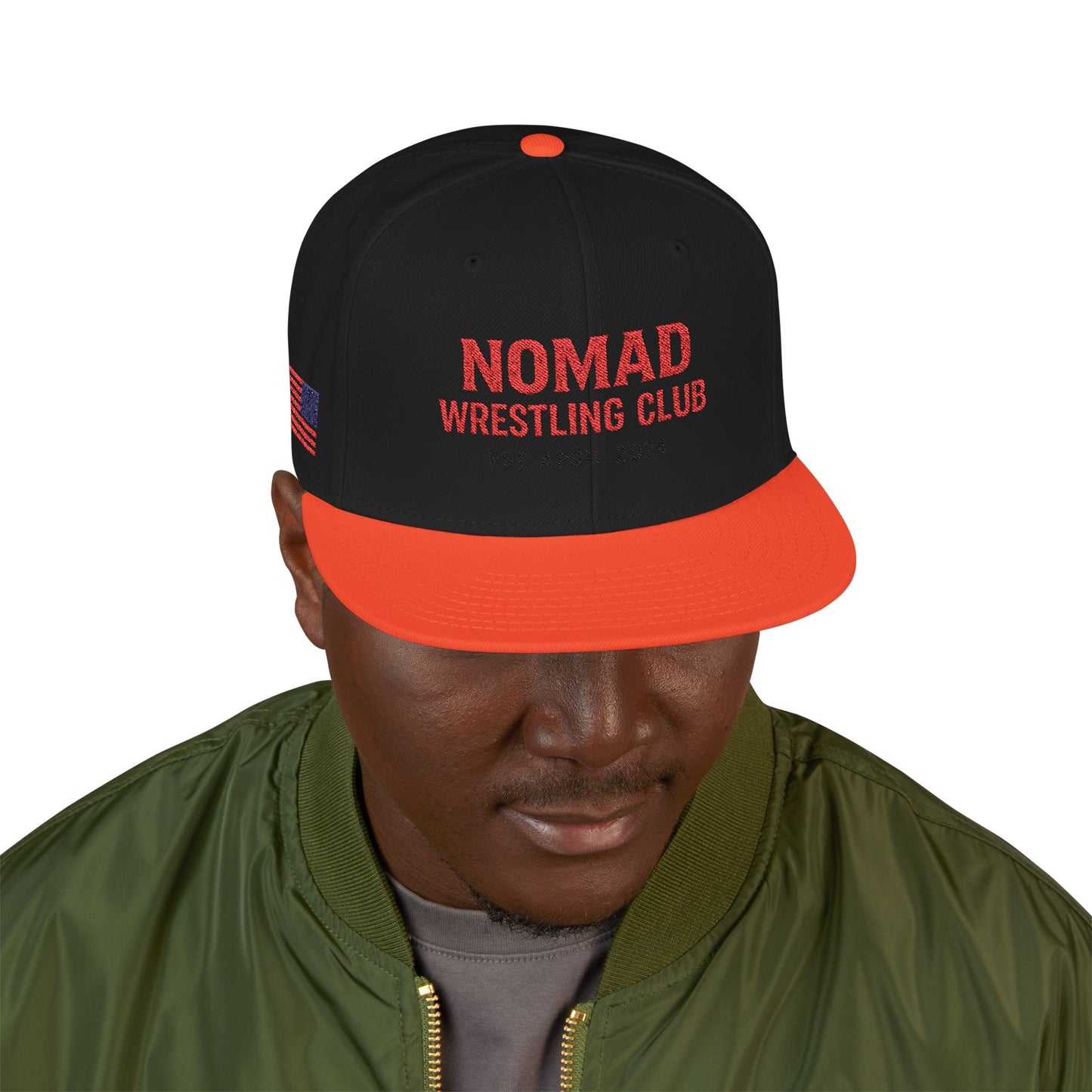 Embroidery Snapback Hat — "Nomad Coffee Club" Red Stitched Logo with Flag Accent