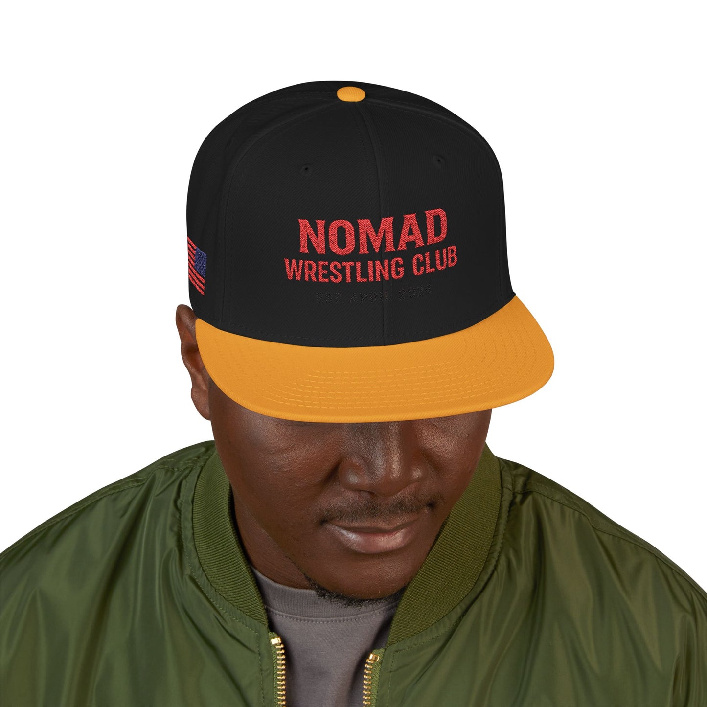 Embroidery Snapback Hat — "Nomad Coffee Club" Red Stitched Logo with Flag Accent
