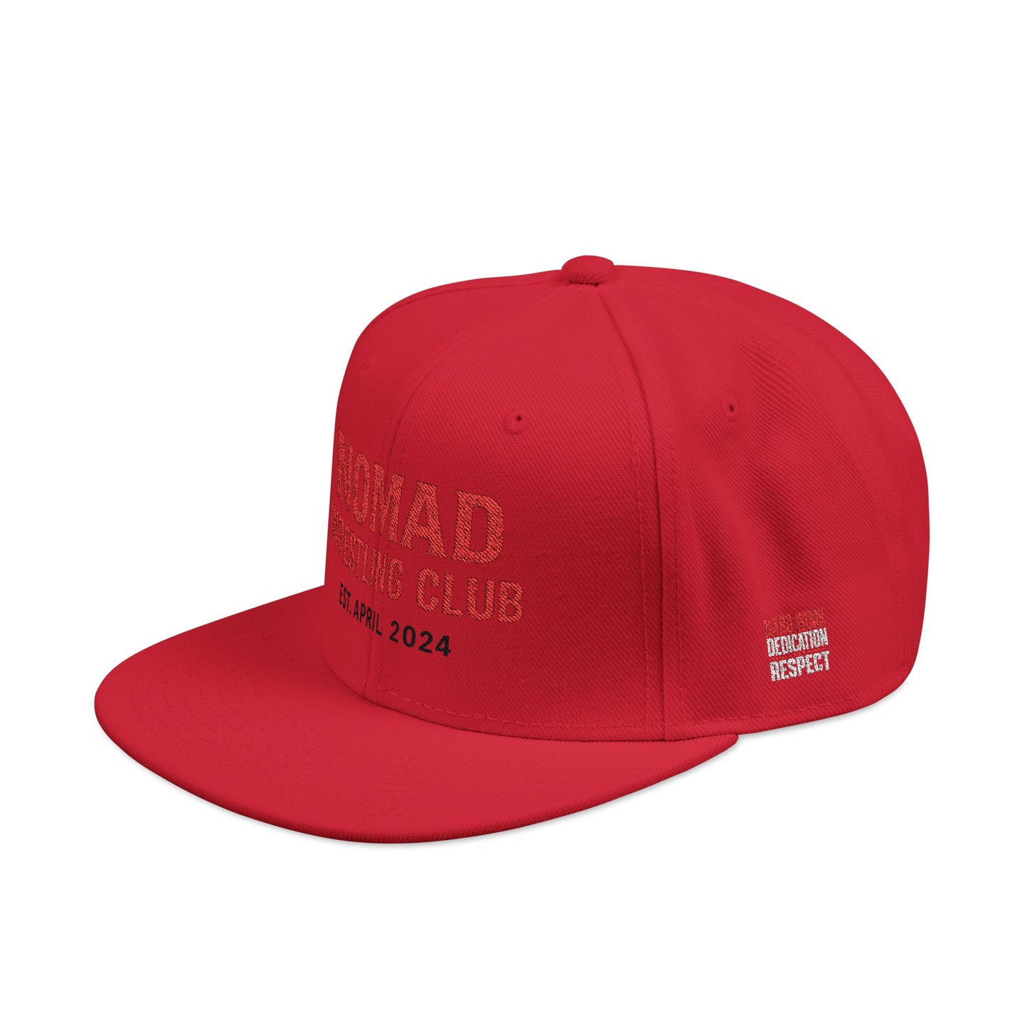 Embroidery Snapback Hat — "Nomad Coffee Club" Red Stitched Logo with Flag Accent