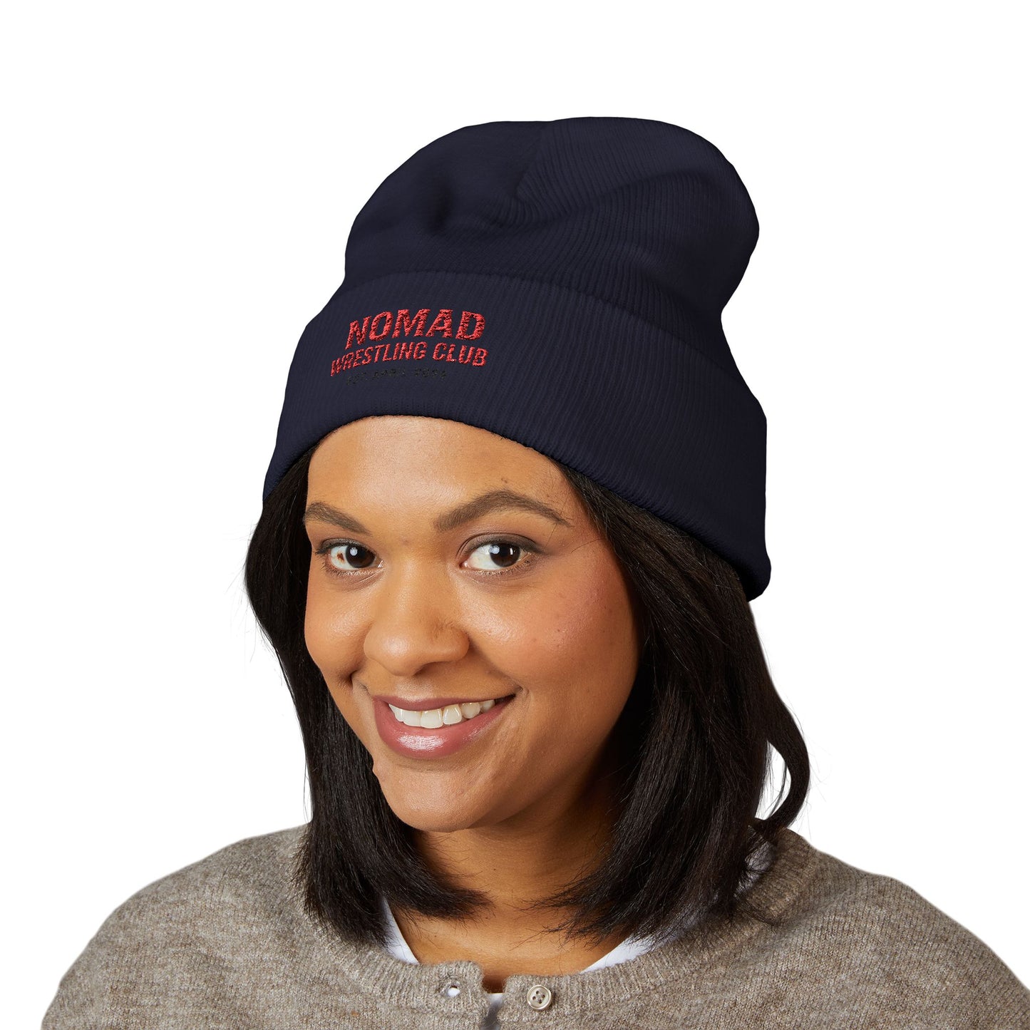 Nomad Wrestling Club Embroidered Cuffed Beanie — Classic White Knit Hat