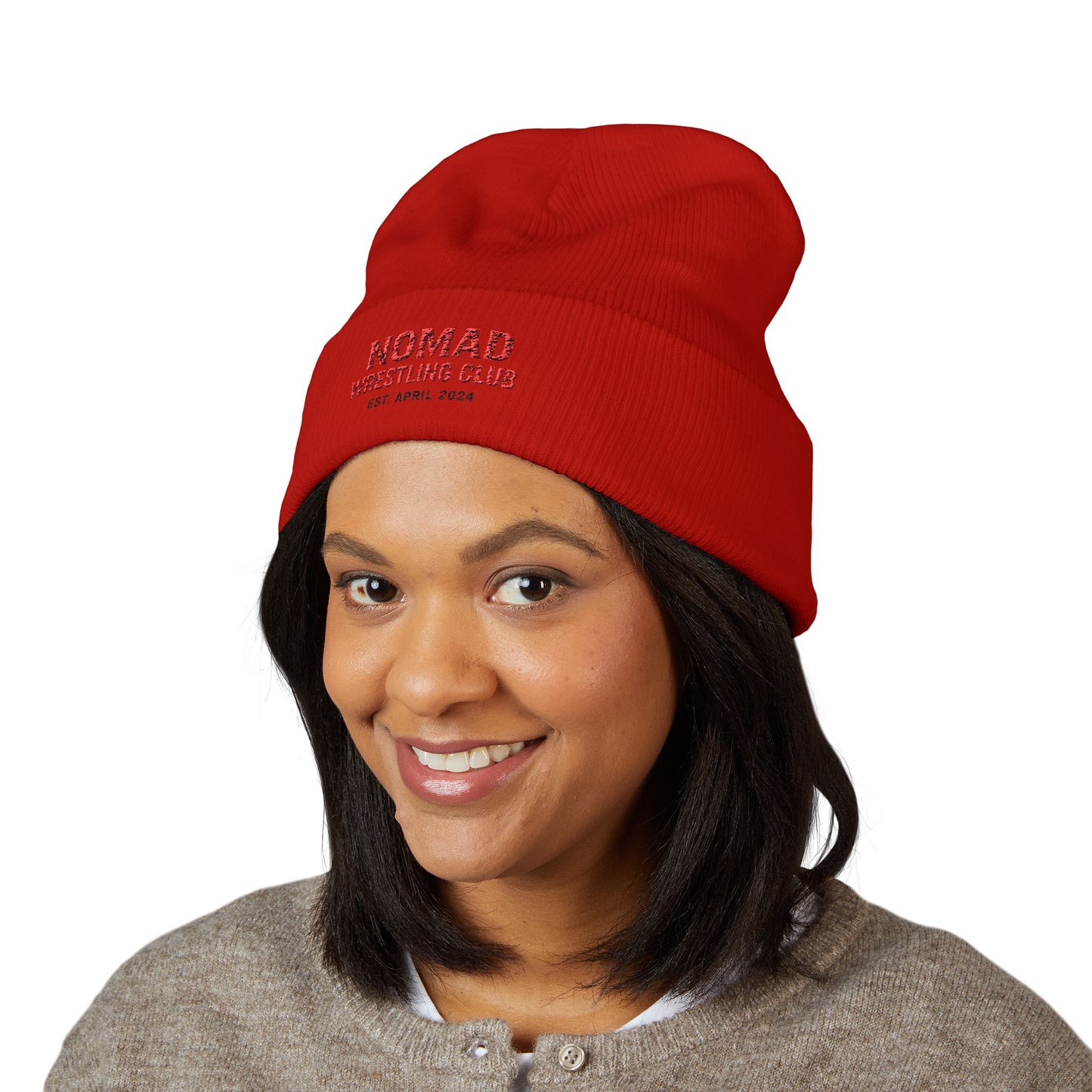 Nomad Wrestling Club Embroidered Cuffed Beanie — Classic White Knit Hat