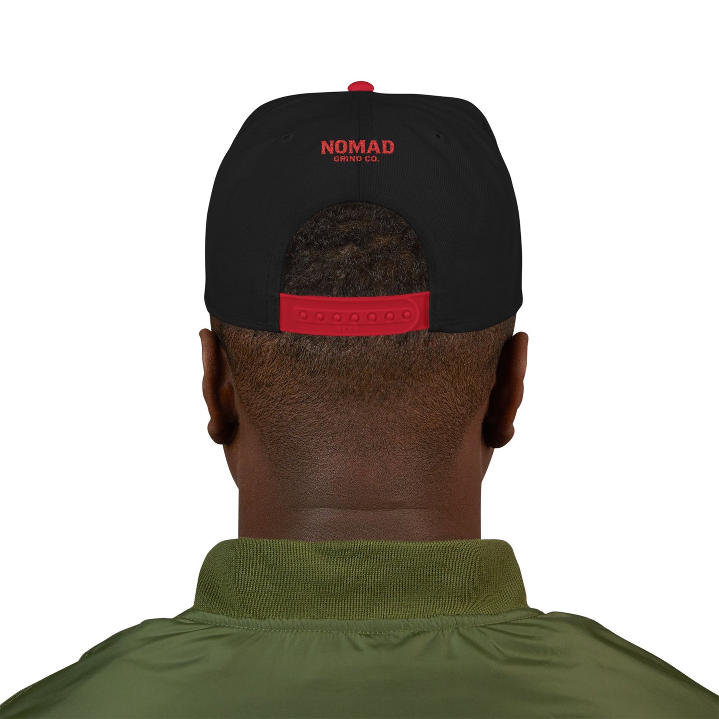 Embroidery Snapback Hat — "Nomad Coffee Club" Red Stitched Logo with Flag Accent