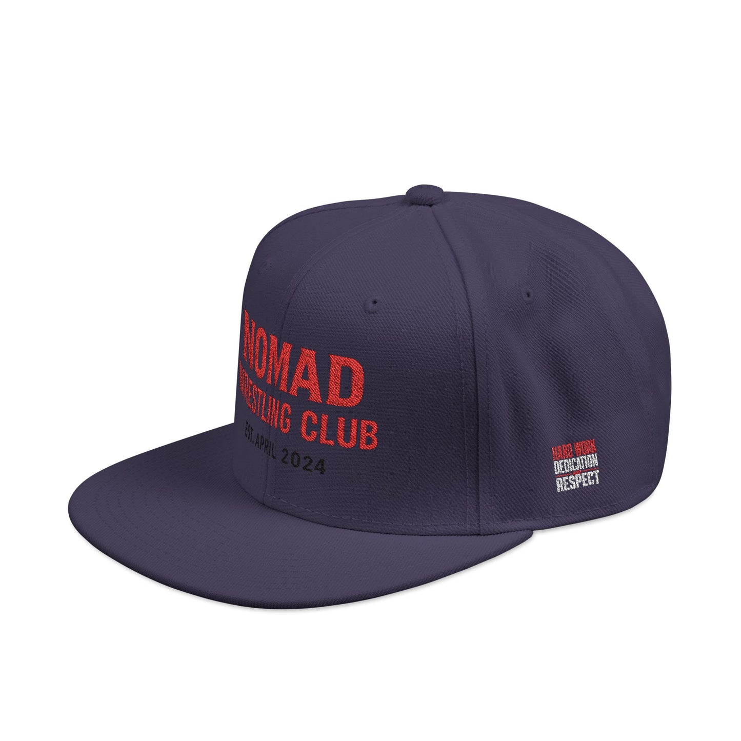 Embroidery Snapback Hat — "Nomad Coffee Club" Red Stitched Logo with Flag Accent