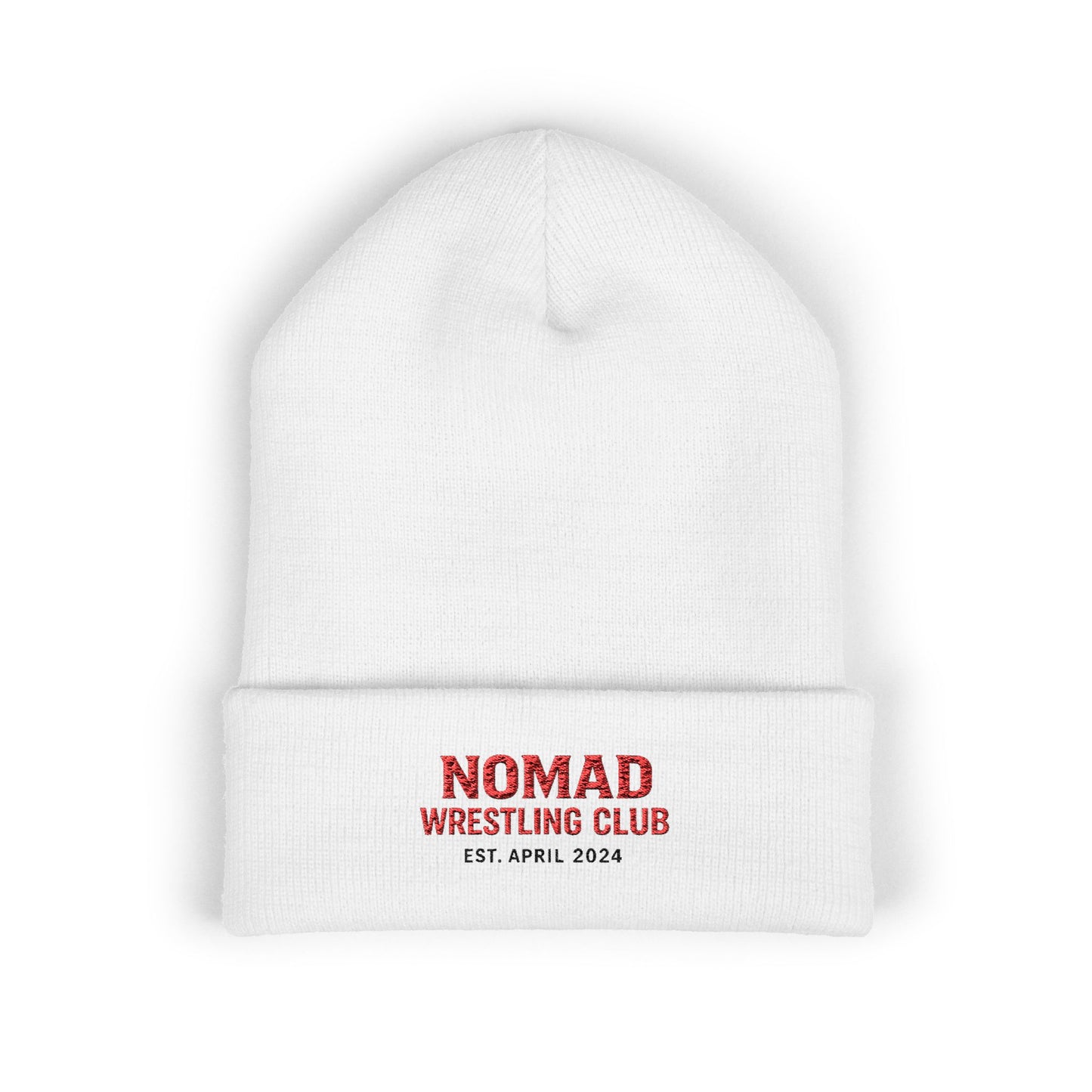 Nomad Wrestling Club Embroidered Cuffed Beanie — Classic White Knit Hat