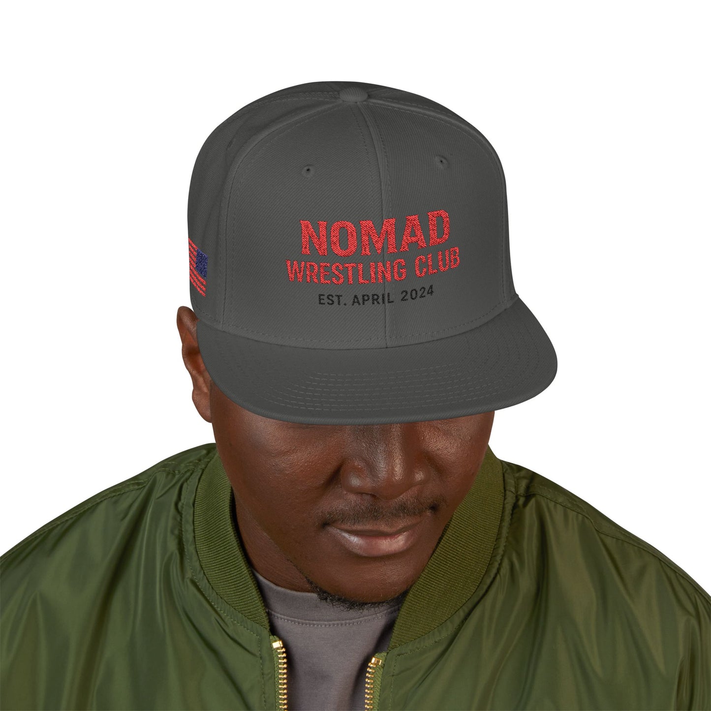 Embroidery Snapback Hat — "Nomad Coffee Club" Red Stitched Logo with Flag Accent