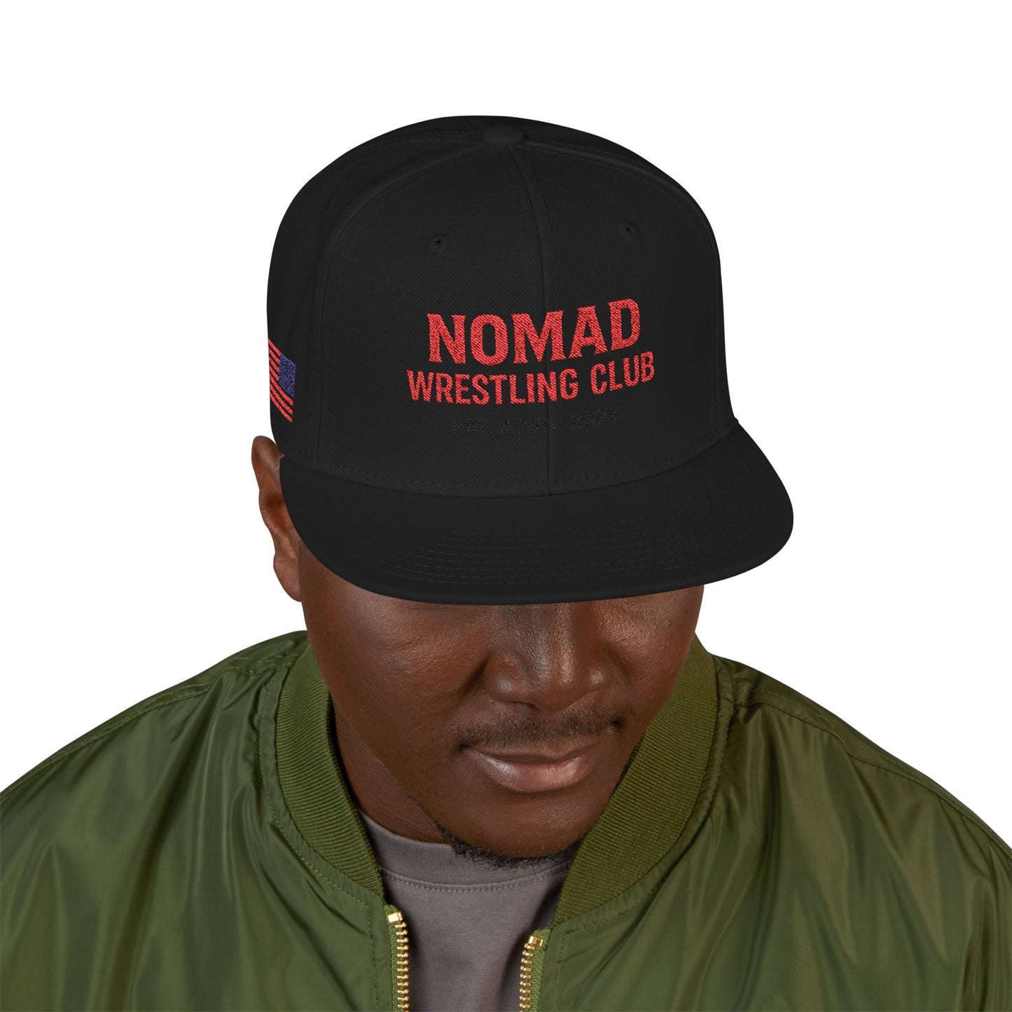 Embroidery Snapback Hat — "Nomad Coffee Club" Red Stitched Logo with Flag Accent