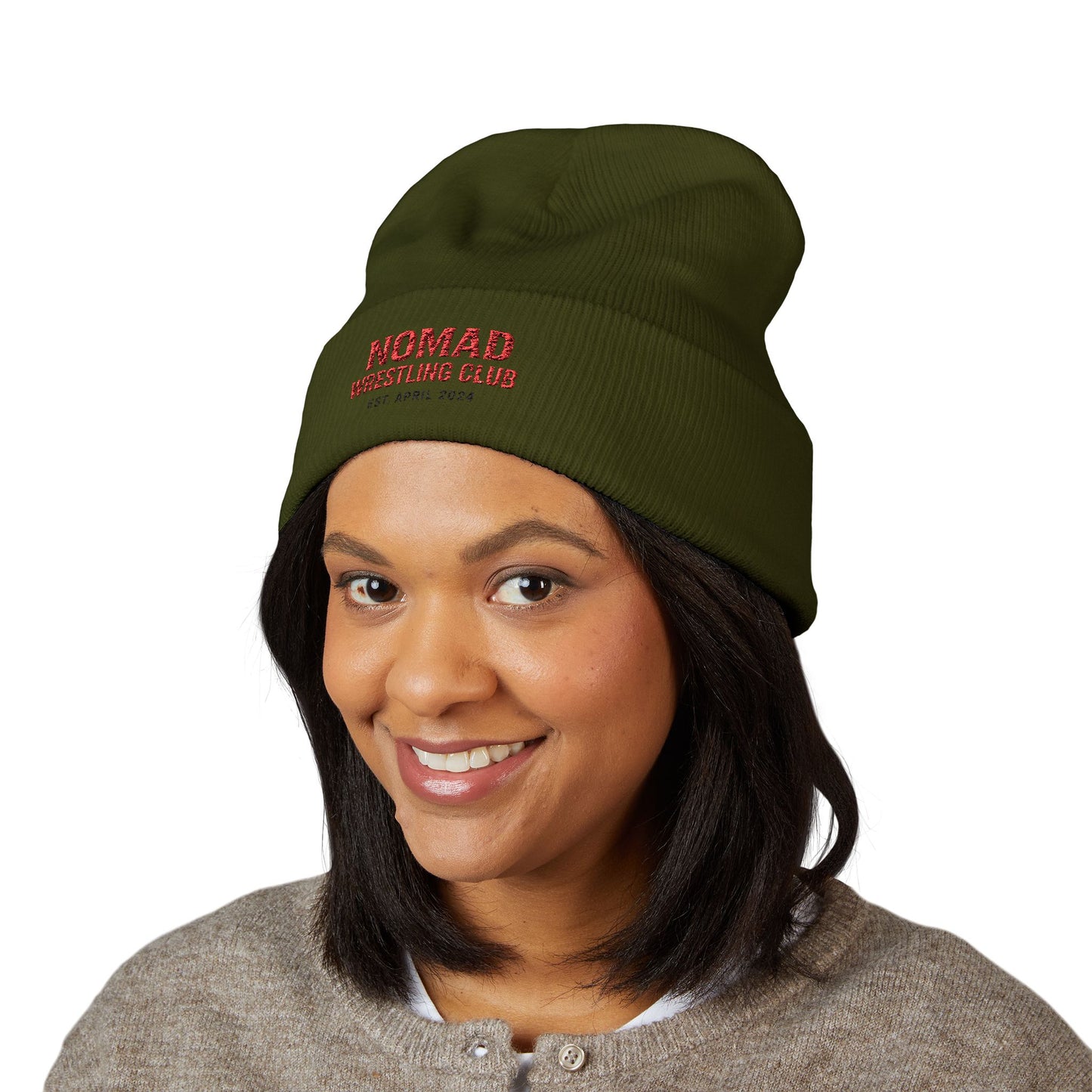 Nomad Wrestling Club Embroidered Cuffed Beanie — Classic White Knit Hat