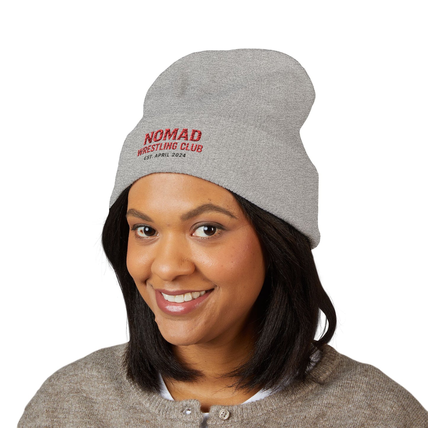 Nomad Wrestling Club Embroidered Cuffed Beanie — Classic White Knit Hat