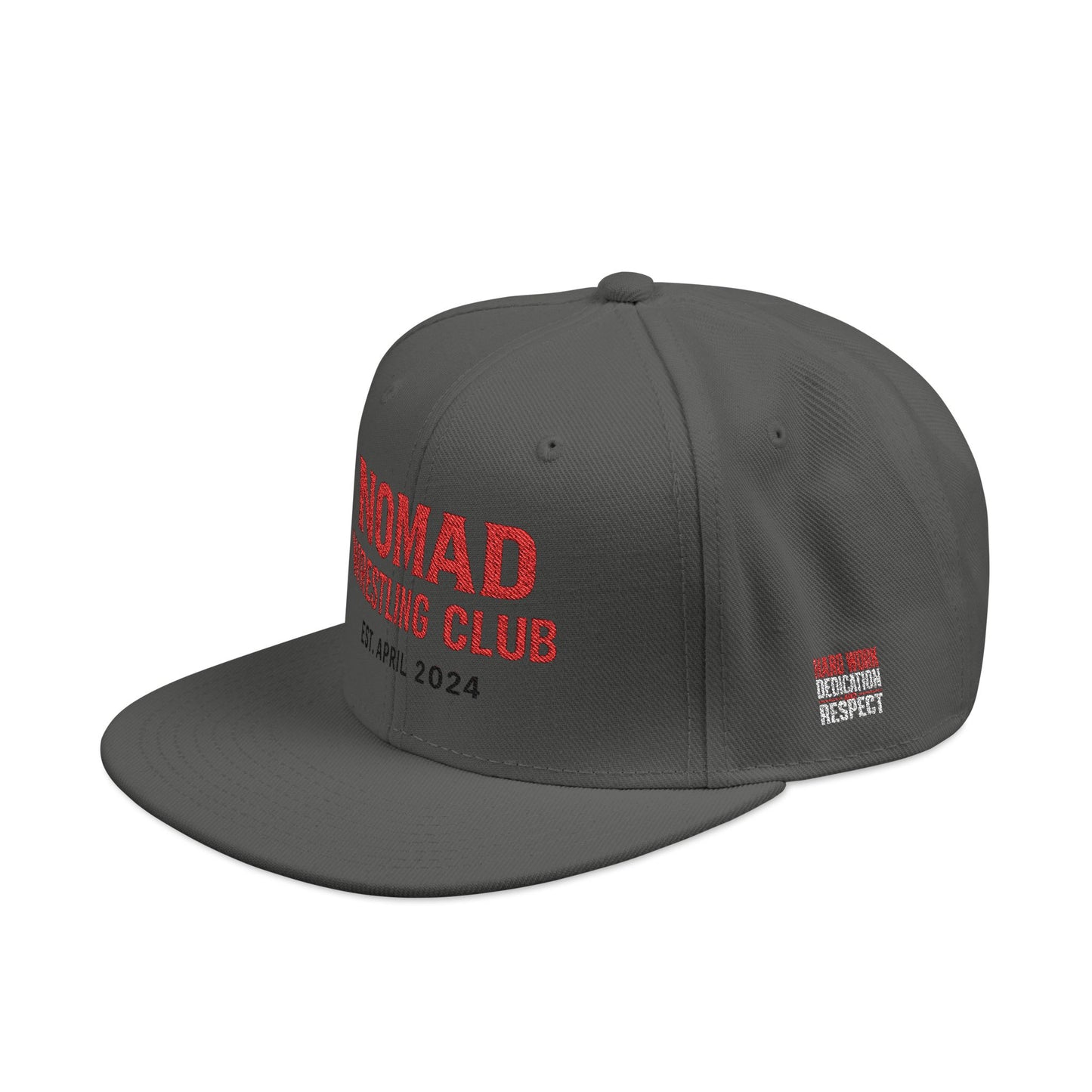 Embroidery Snapback Hat — "Nomad Coffee Club" Red Stitched Logo with Flag Accent