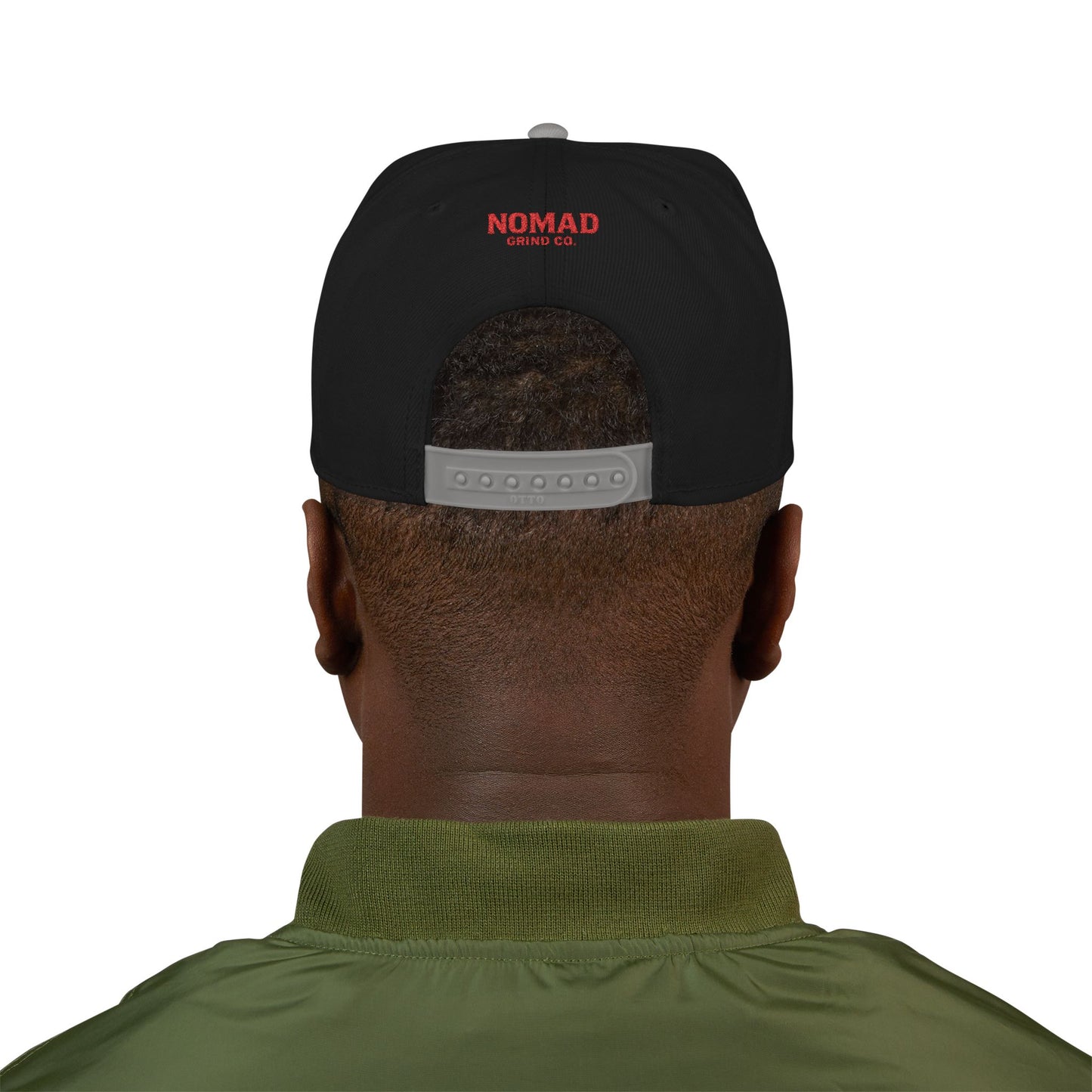 Embroidery Snapback Hat — "Nomad Coffee Club" Red Stitched Logo with Flag Accent