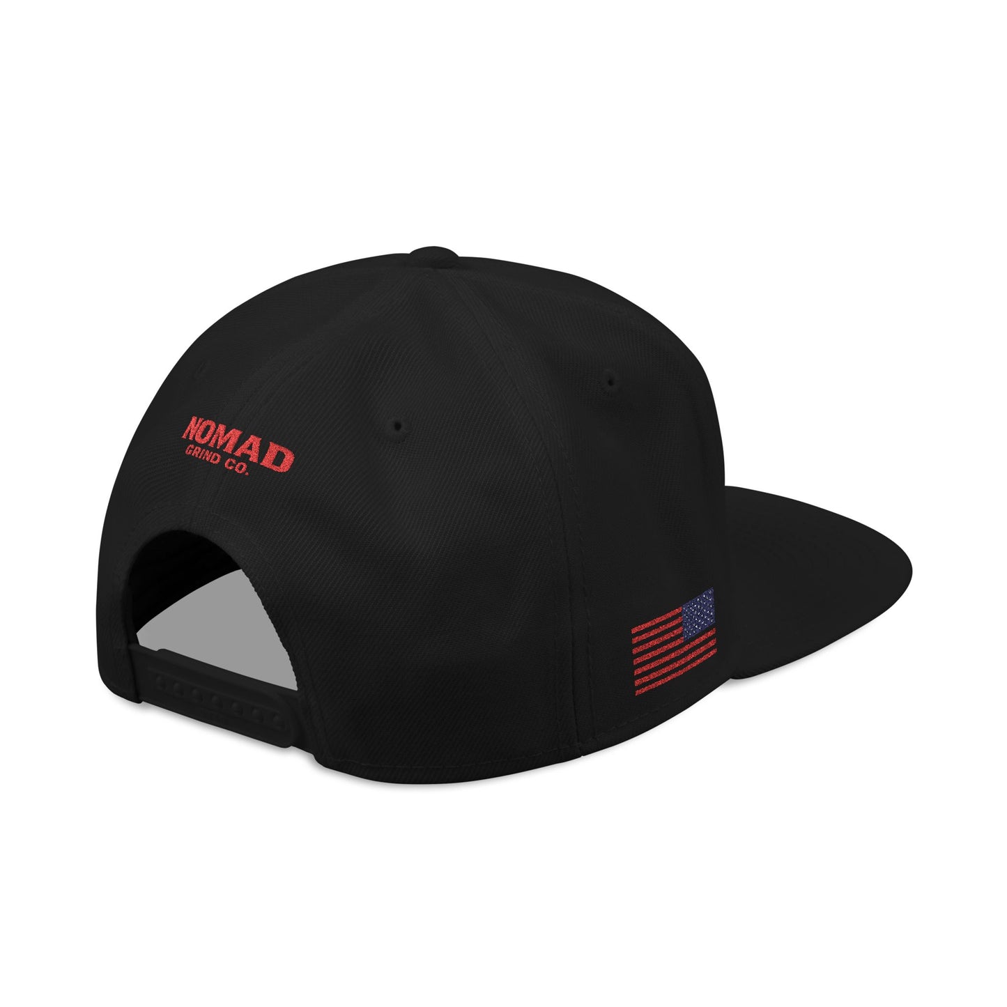 Embroidery Snapback Hat — "Nomad Coffee Club" Red Stitched Logo with Flag Accent