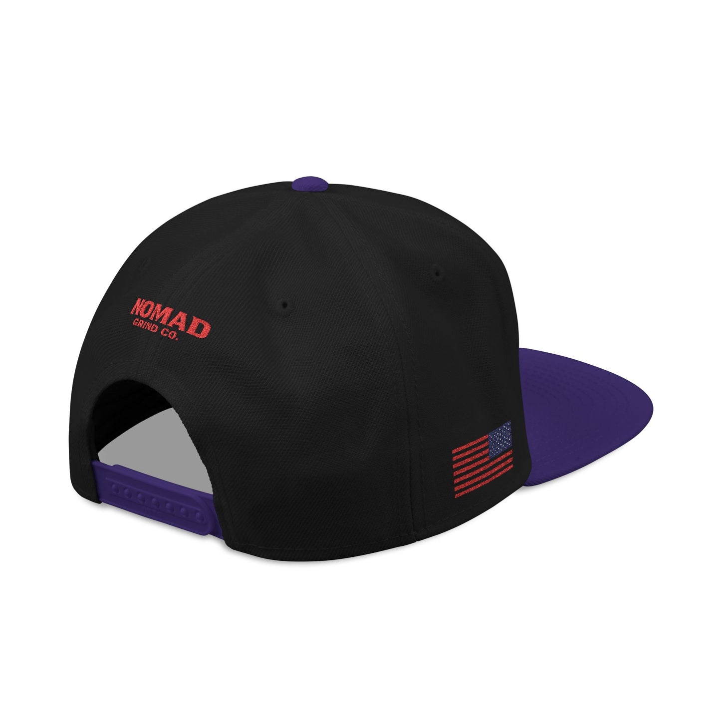 Embroidery Snapback Hat — "Nomad Coffee Club" Red Stitched Logo with Flag Accent