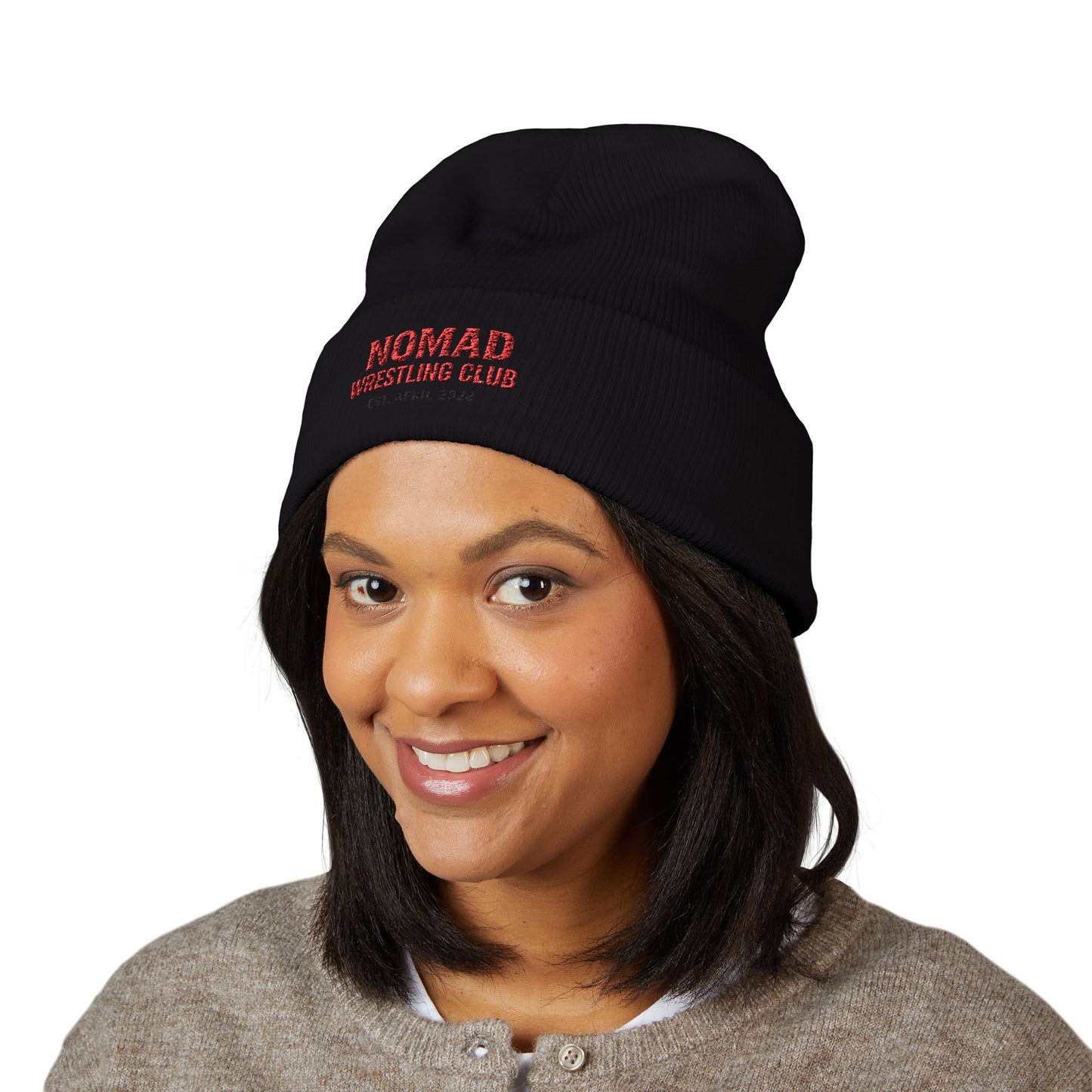 Nomad Wrestling Club Embroidered Cuffed Beanie — Classic White Knit Hat