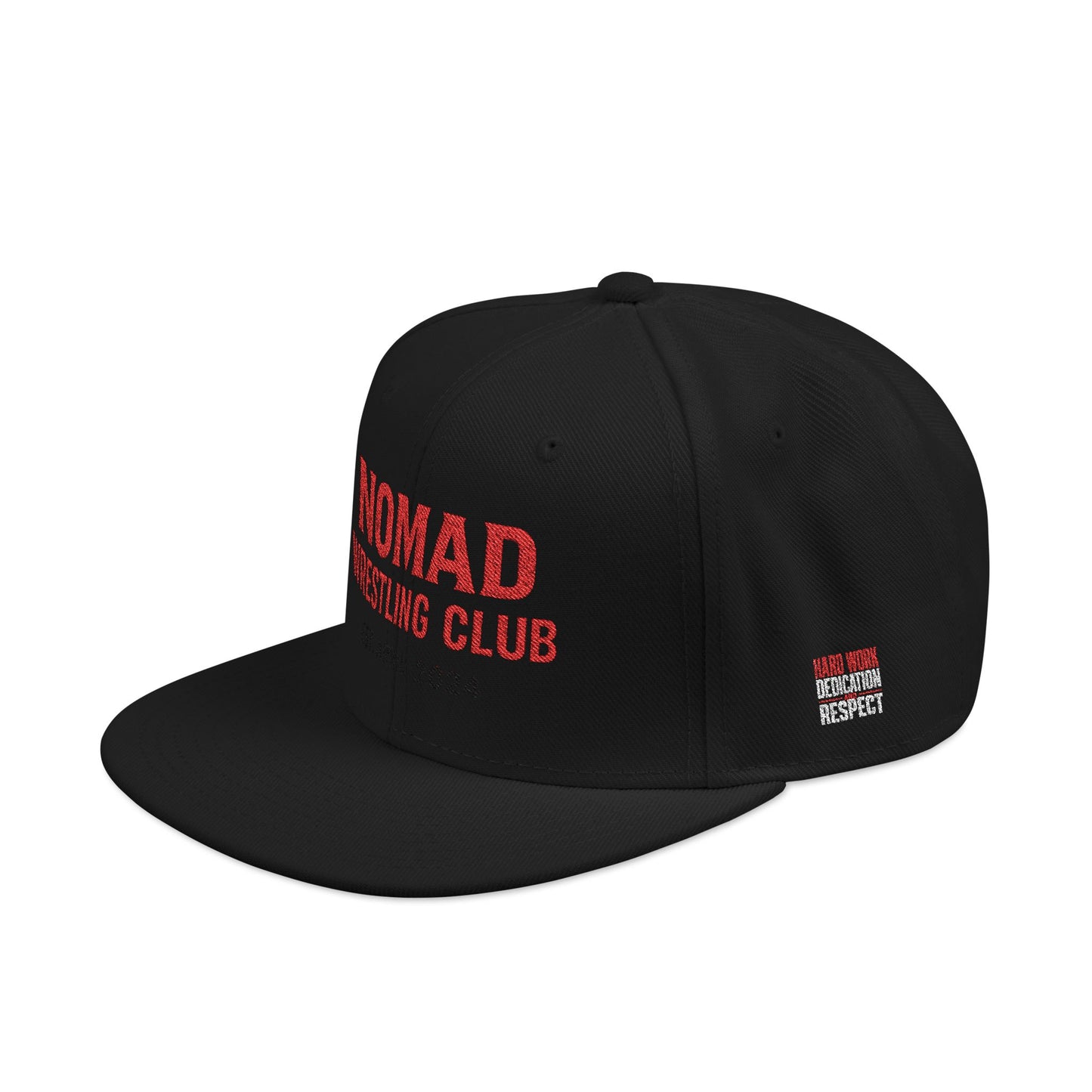 Embroidery Snapback Hat — "Nomad Coffee Club" Red Stitched Logo with Flag Accent
