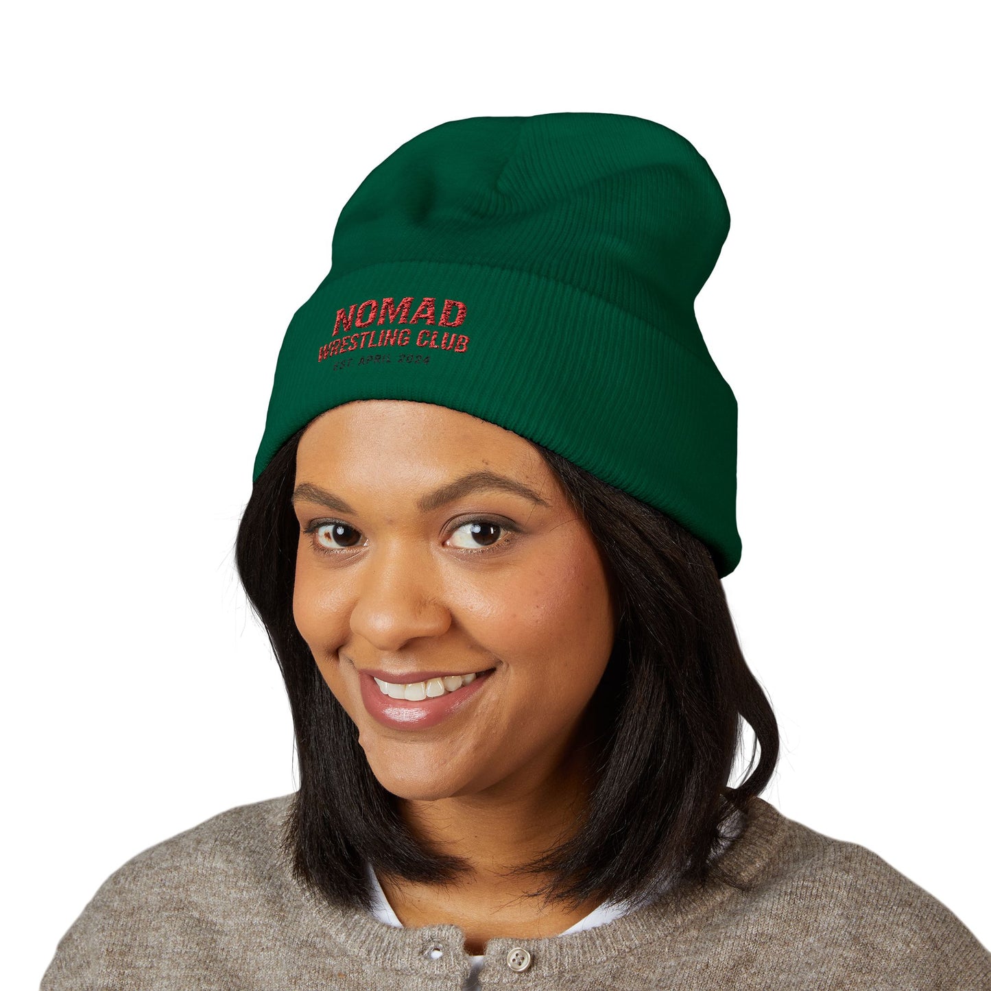 Nomad Wrestling Club Embroidered Cuffed Beanie — Classic White Knit Hat