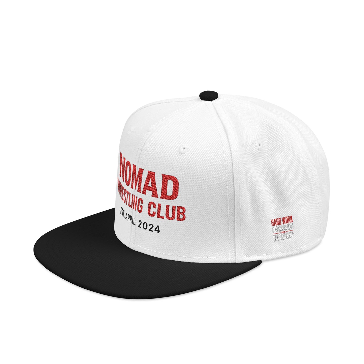 Embroidery Snapback Hat — "Nomad Coffee Club" Red Stitched Logo with Flag Accent