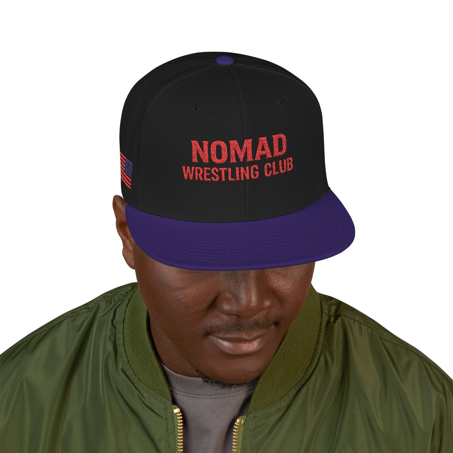 Embroidery Snapback Hat — "Nomad Coffee Club" Red Stitched Logo with Flag Accent