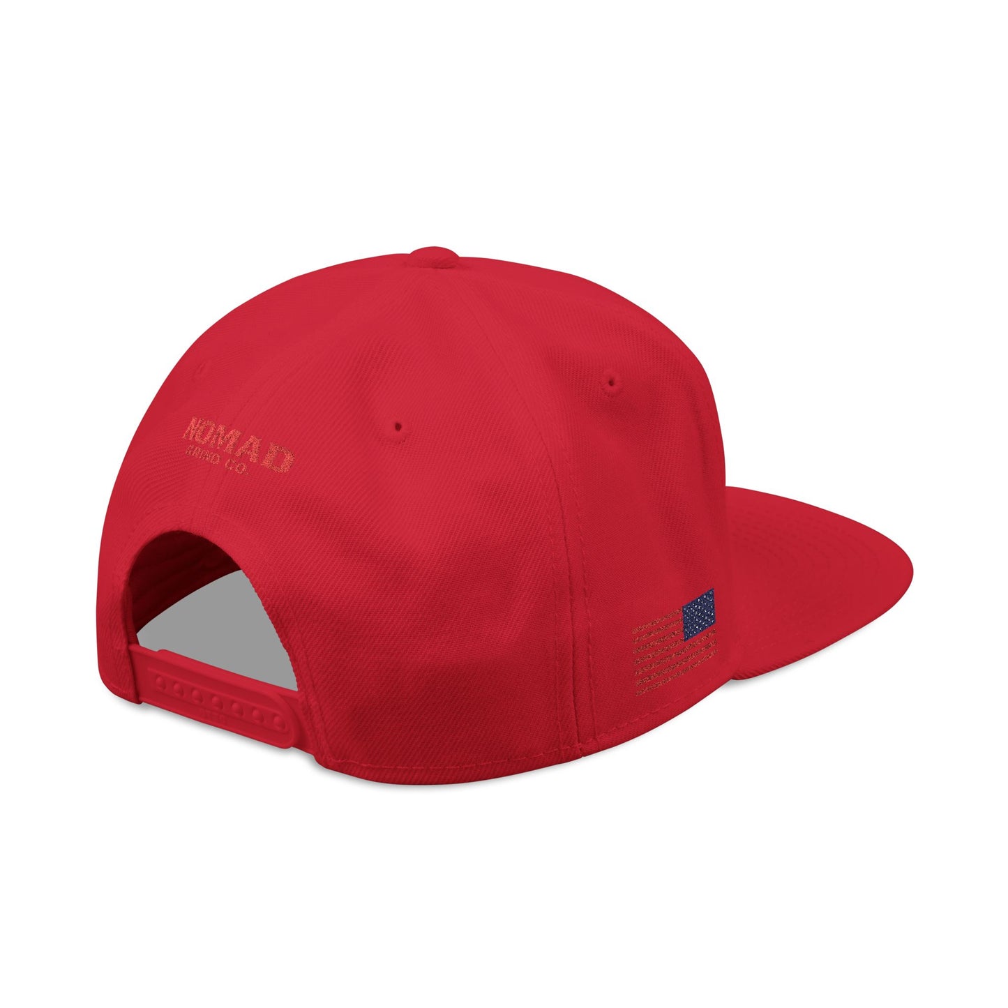 Embroidery Snapback Hat — "Nomad Coffee Club" Red Stitched Logo with Flag Accent