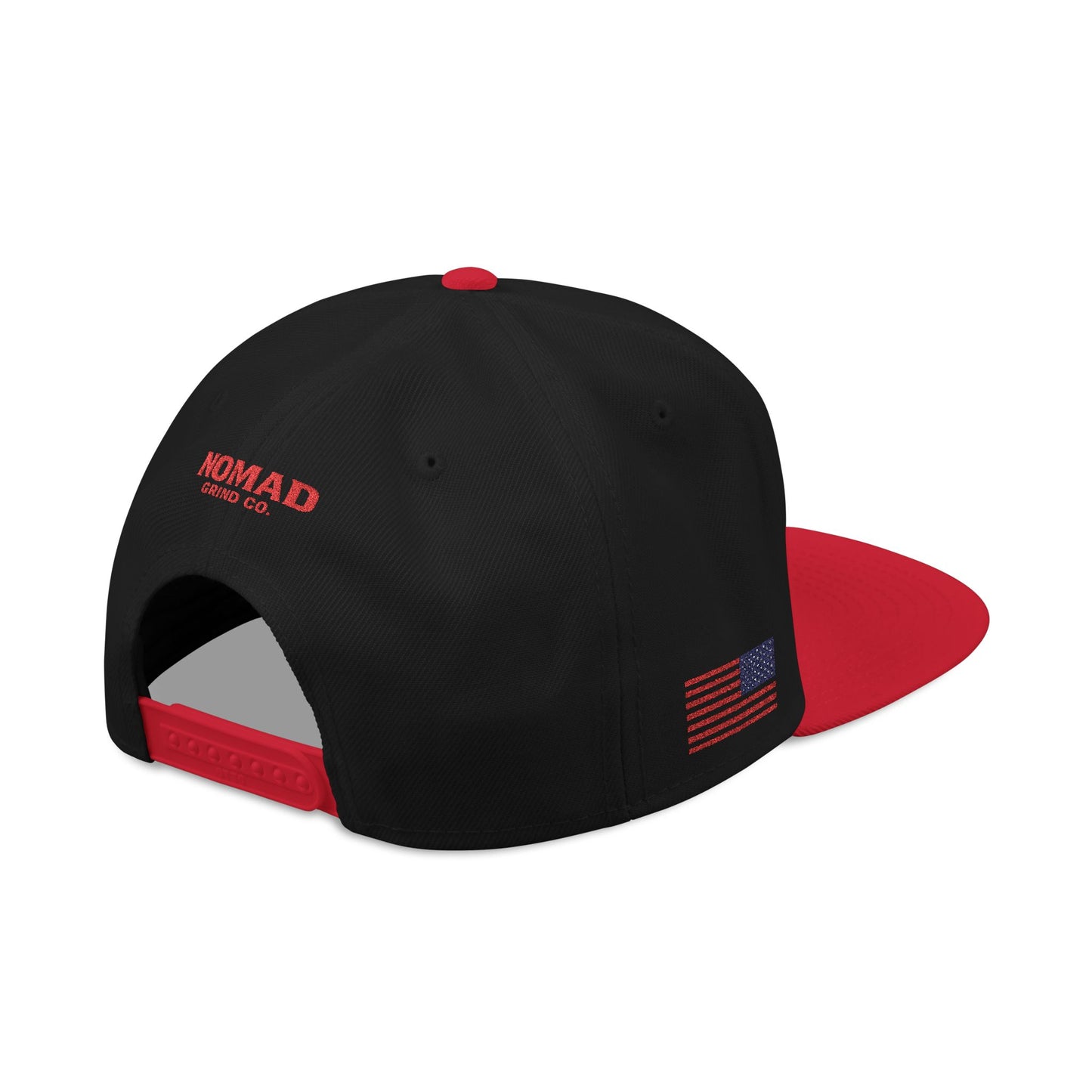 Embroidery Snapback Hat — "Nomad Coffee Club" Red Stitched Logo with Flag Accent